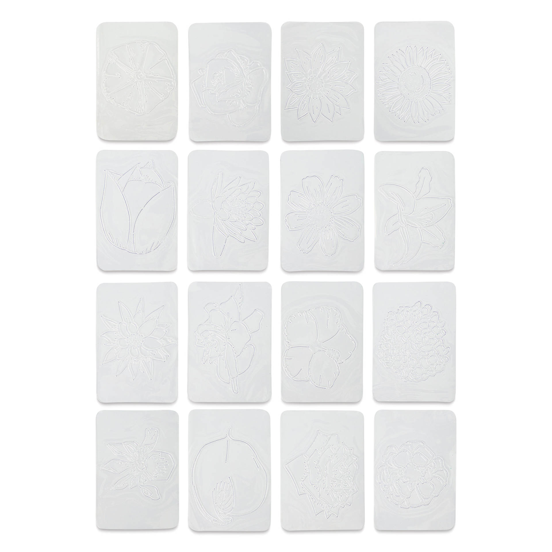 Roylco Rubbing Plates - Flowers, Set of 16 laid out displaying designs
