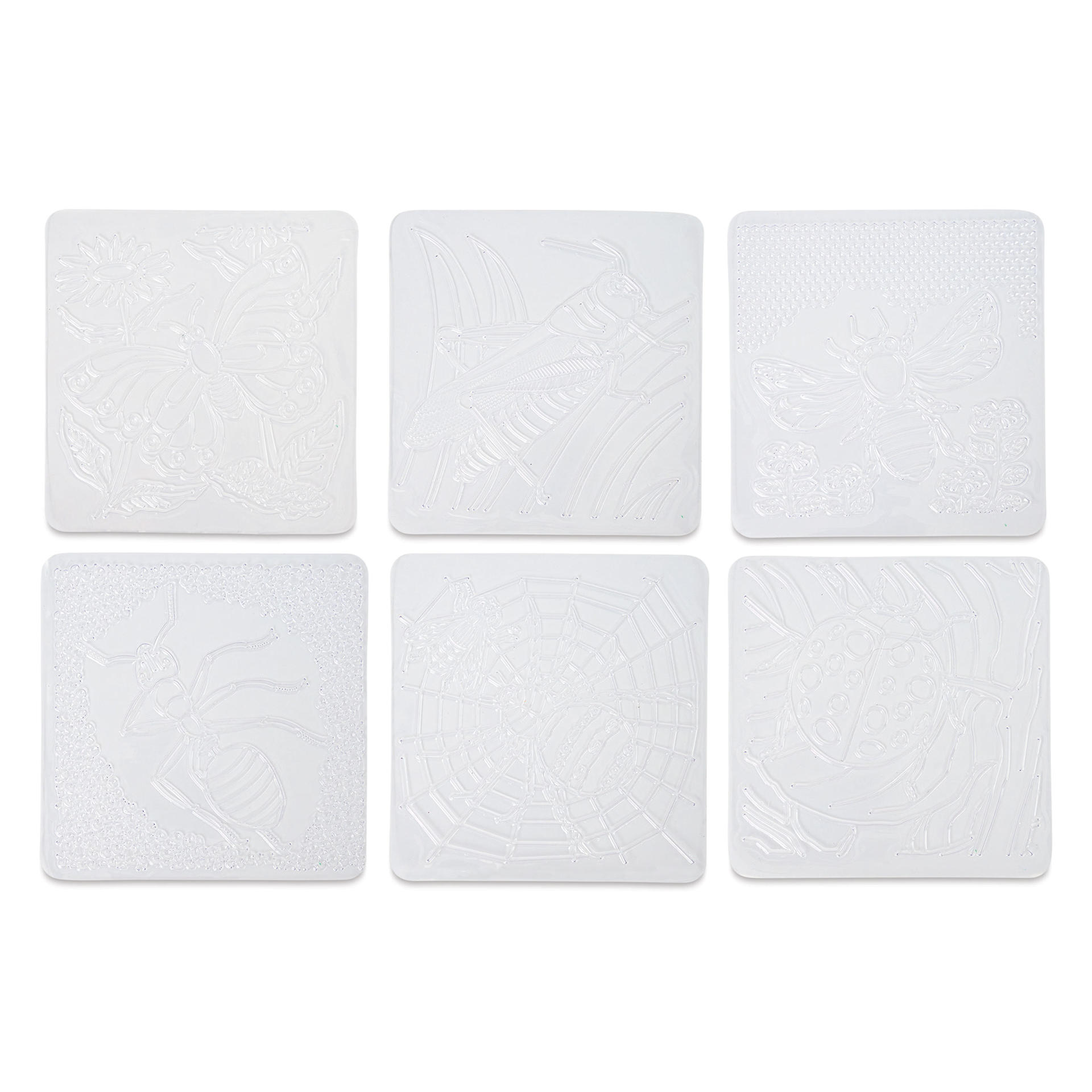 Roylco Rubbing Plates - Bugs, six plates laid out showing designs