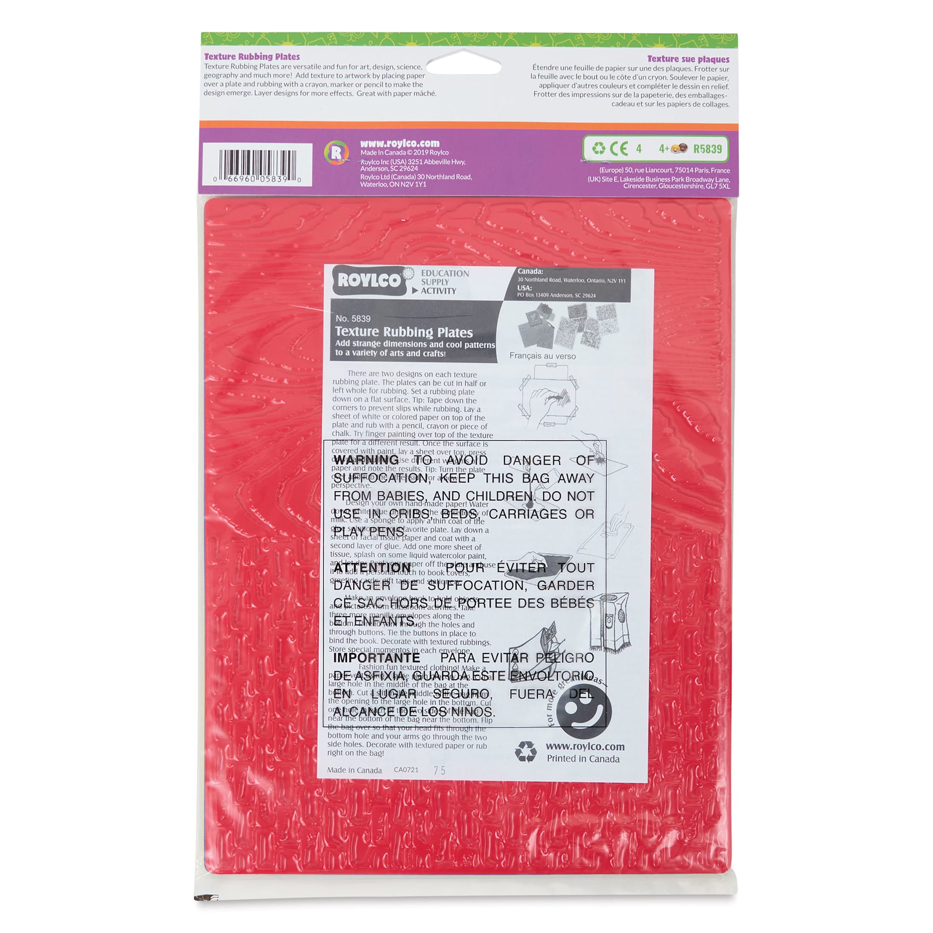 Roylco Rubbing Plates - Textures, Set of 4, back of the packaging