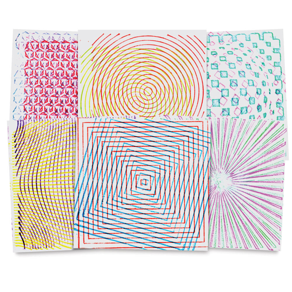 Roylco Rubbing Plates - Optical Illusions, finished designs laid out