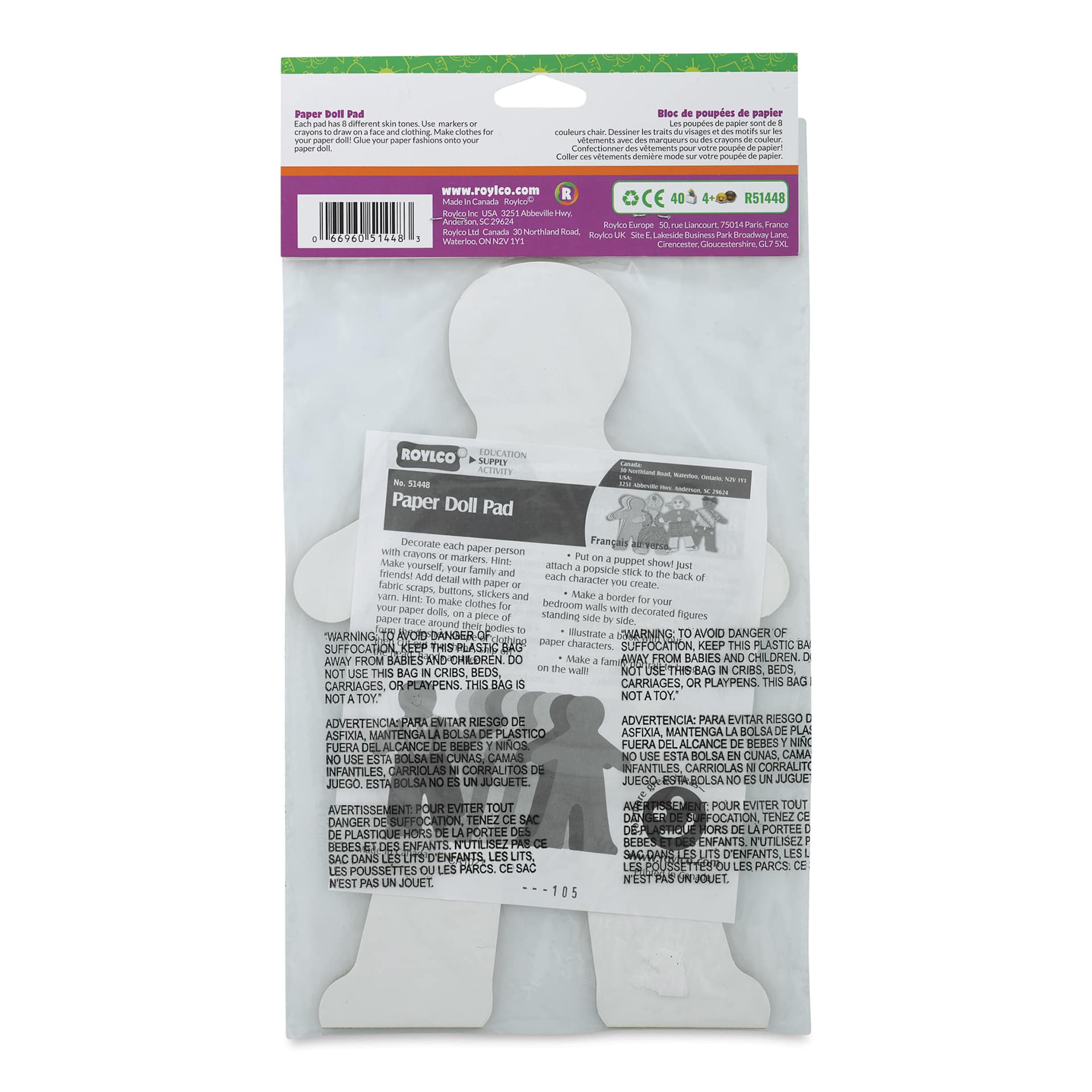 Roylco Paper Doll Pad - Multicultural Colors, 40 Sheets, back of the packaging