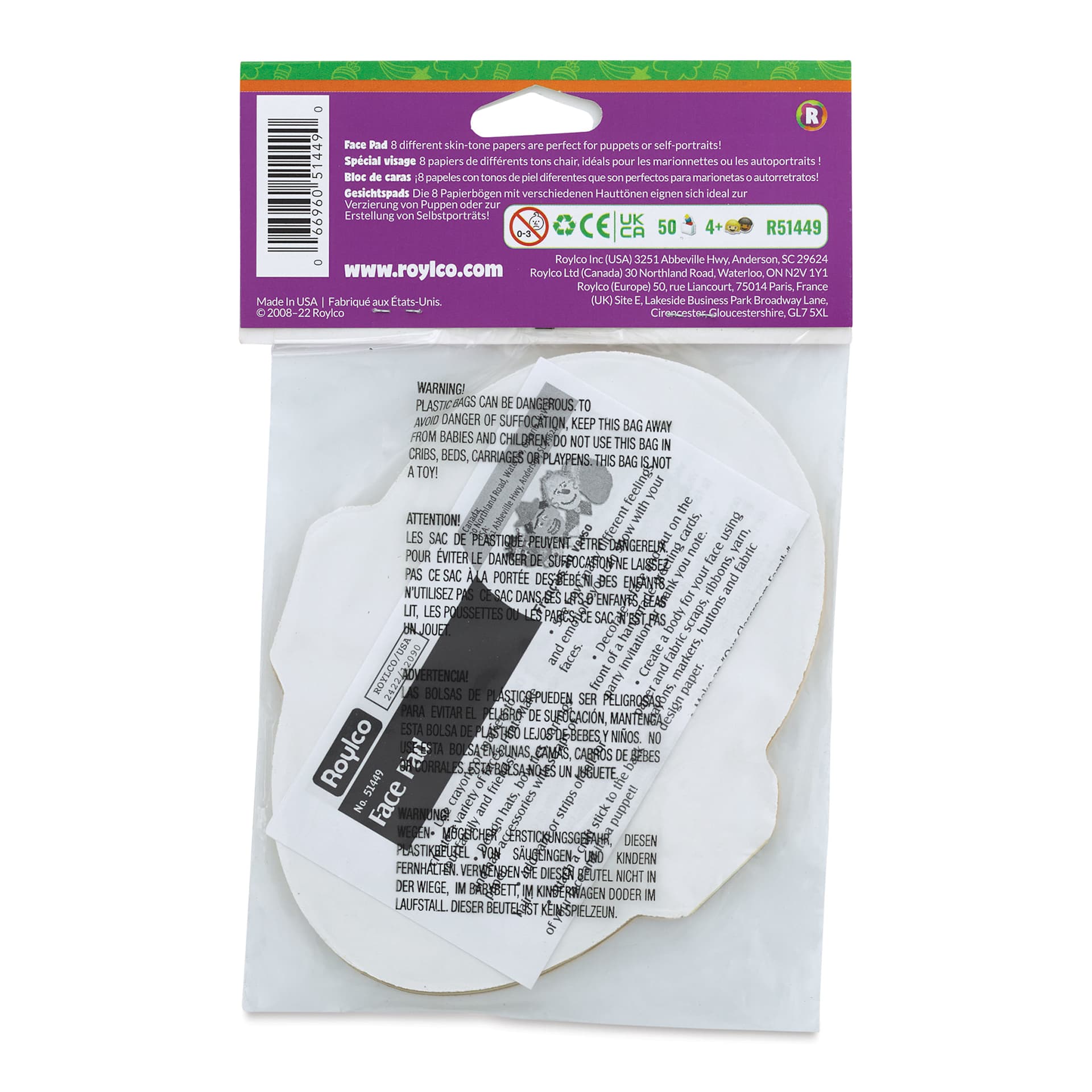 Roylco Face Pad, back of the packaging