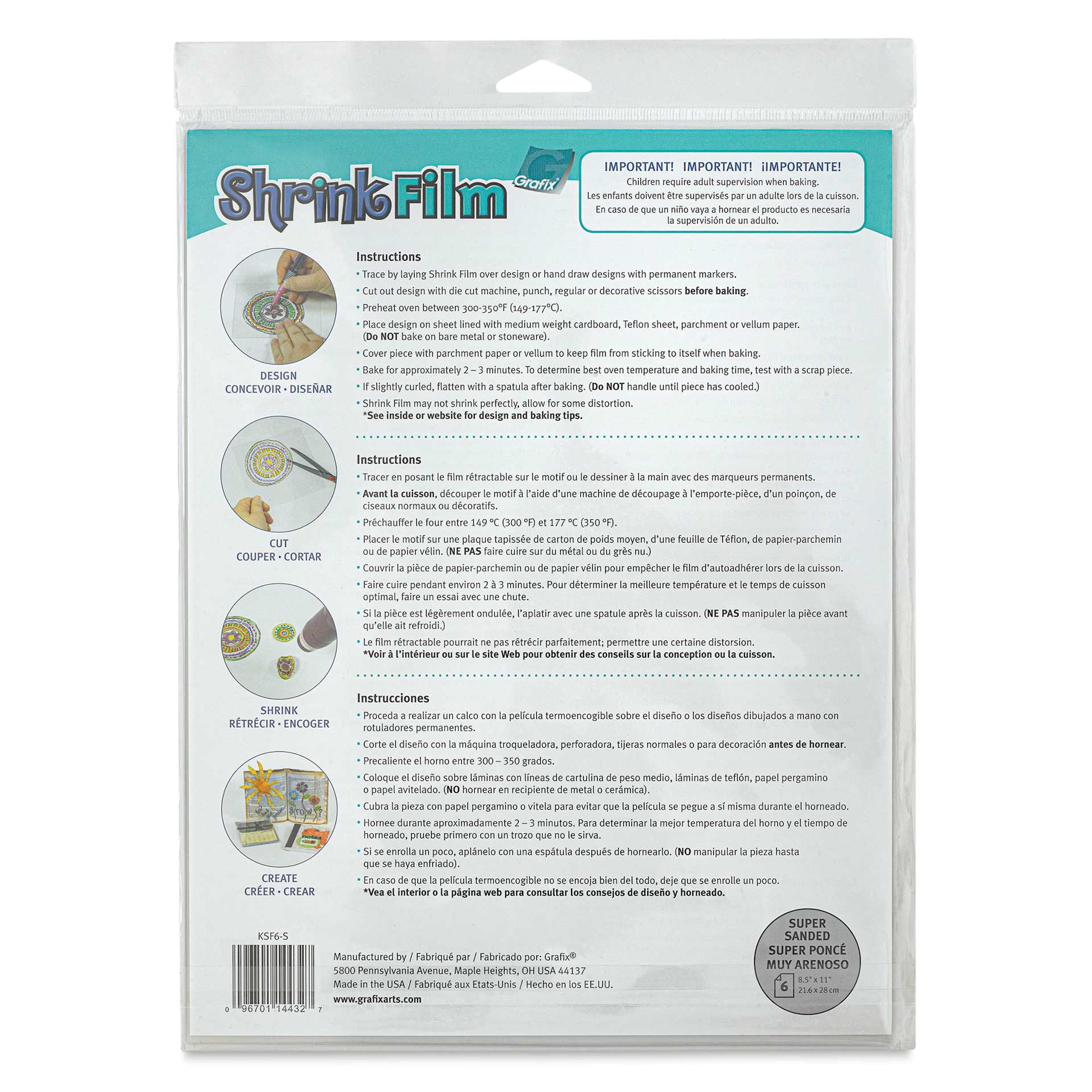 Grafix Shrink Film - 8.5" x 11", Sanded Shrink Film, Clear, 6 Sheets back of packaging