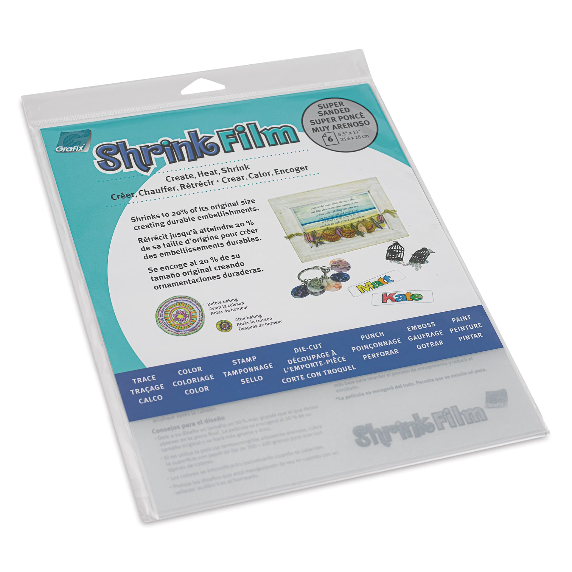 Grafix Shrink Film - 8.5" x 11", Sanded Shrink Film, Clear, 6 Sheets front of packaging, angled view