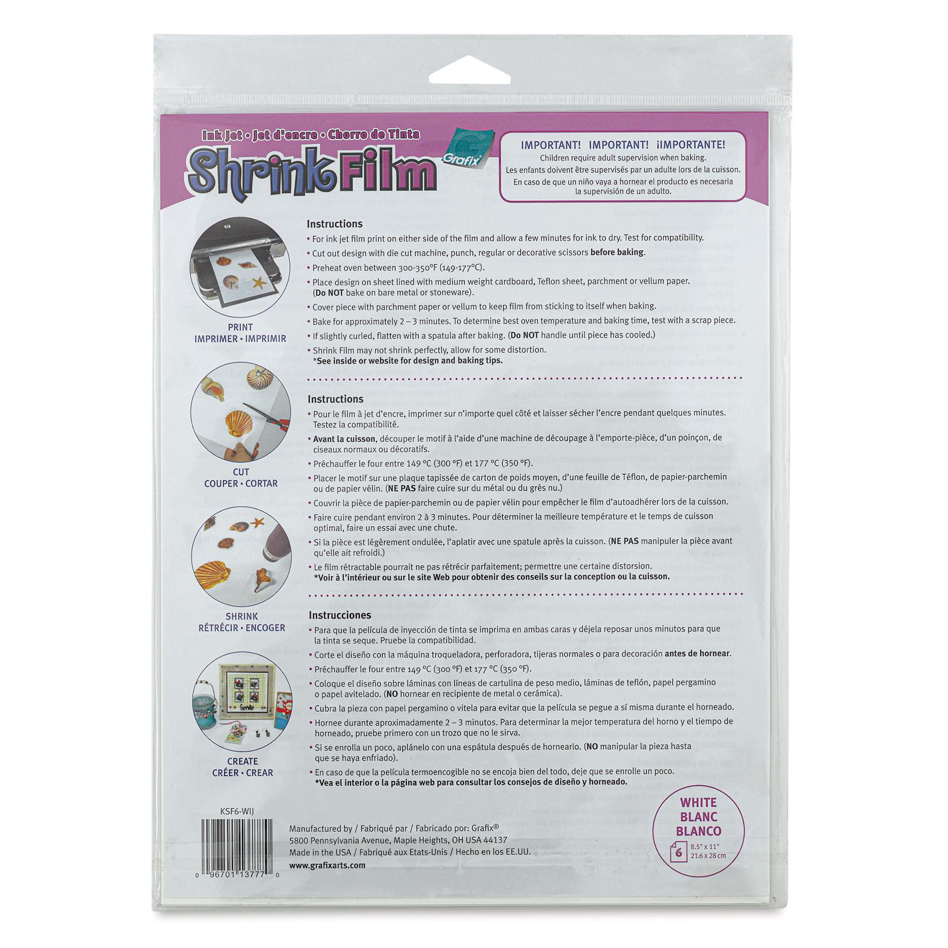 Grafix Shrink Film - 8.5" x 11", Inkjet Shrink Film, White, 6 Sheets back of packaging