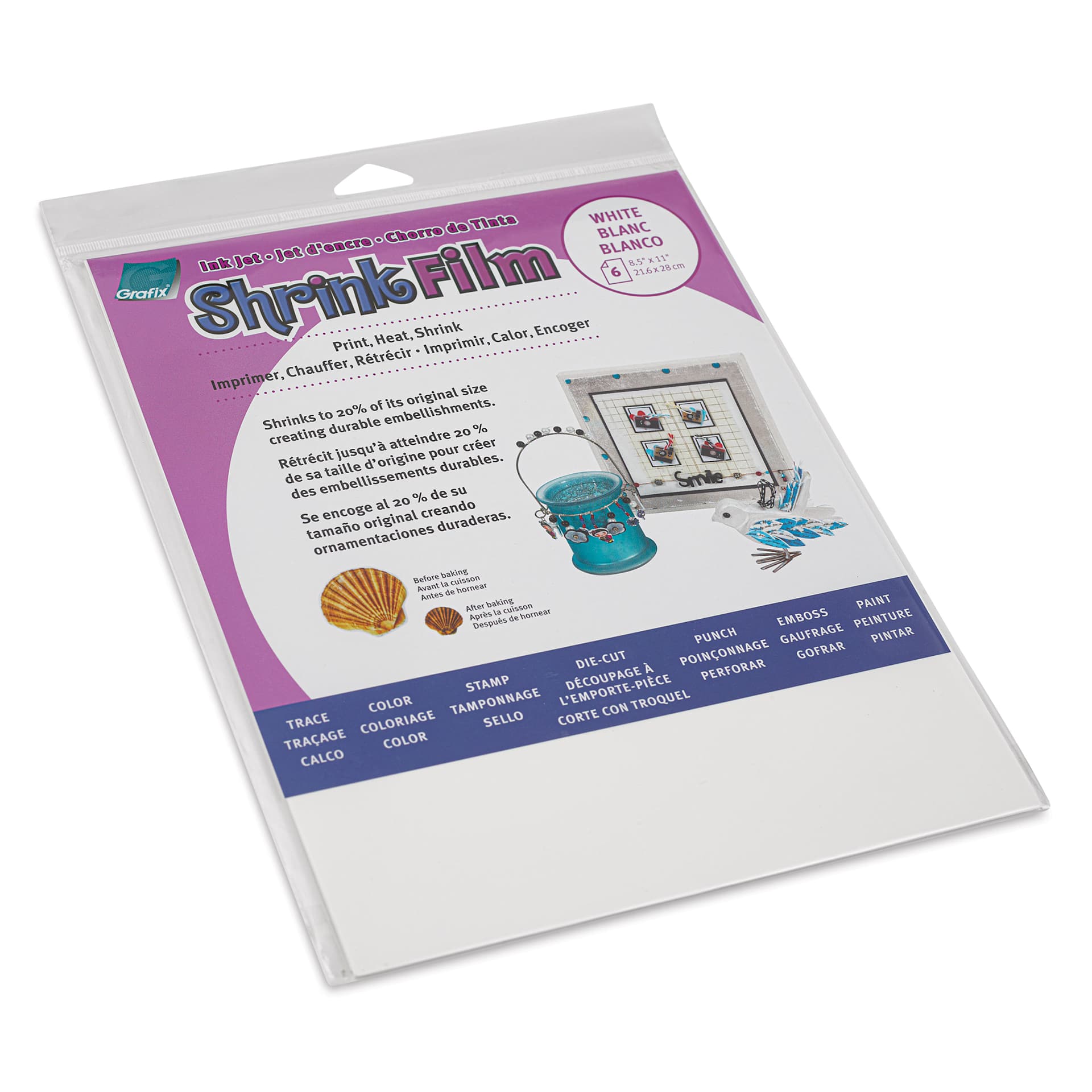 Grafix Shrink Film - 8.5" x 11", Inkjet Shrink Film, White, 6 Sheets front of packaging, angled view