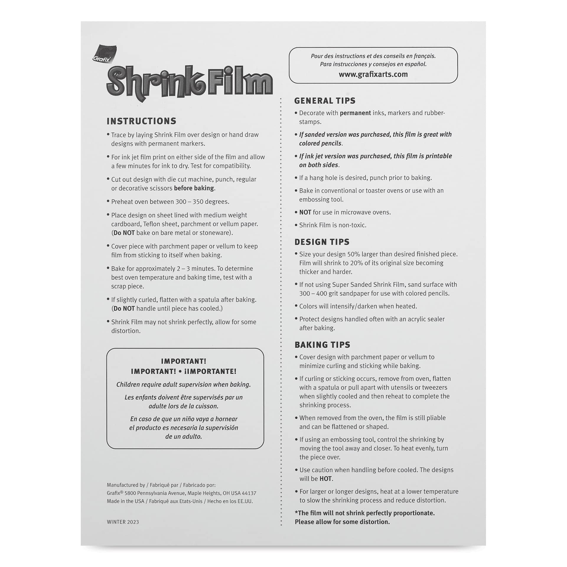 Grafix Shrink Film - 8.5" x 11", Shrink Film, White, 50 Sheets back of packaging