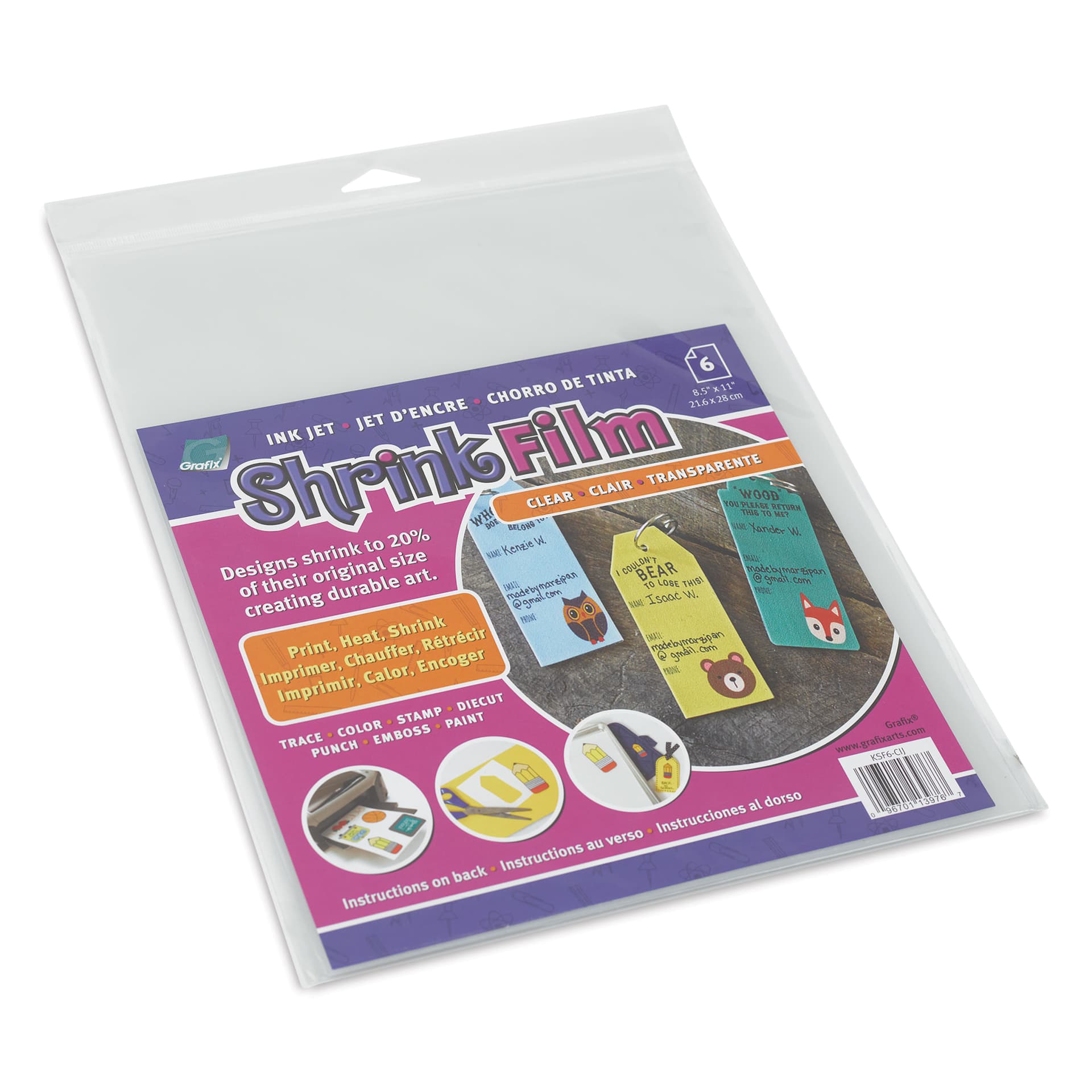 Grafix Shrink Film - 8.5" x 11", Inkjet Shrink Film, Clear, 6 Sheets front of packaging, angled view