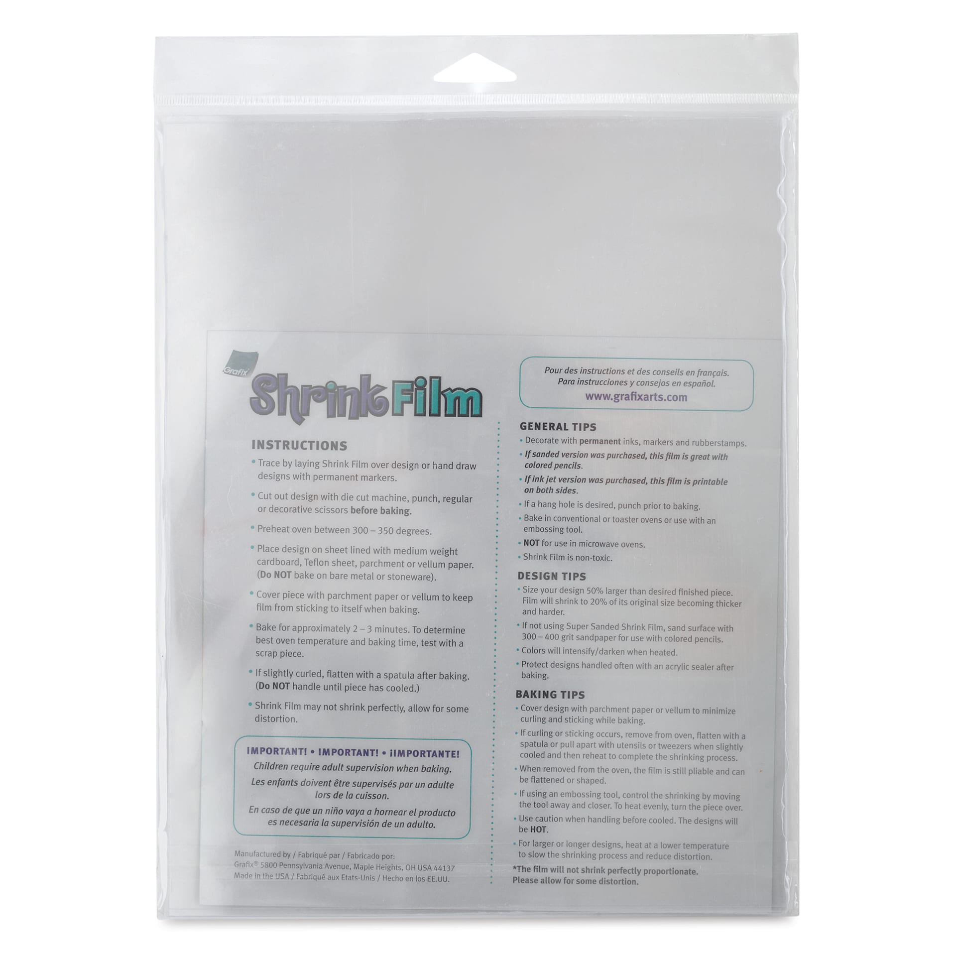 Grafix Shrink Film - 8.5" x 11", Shrink Film, Clear, 6 Sheets back of packaging