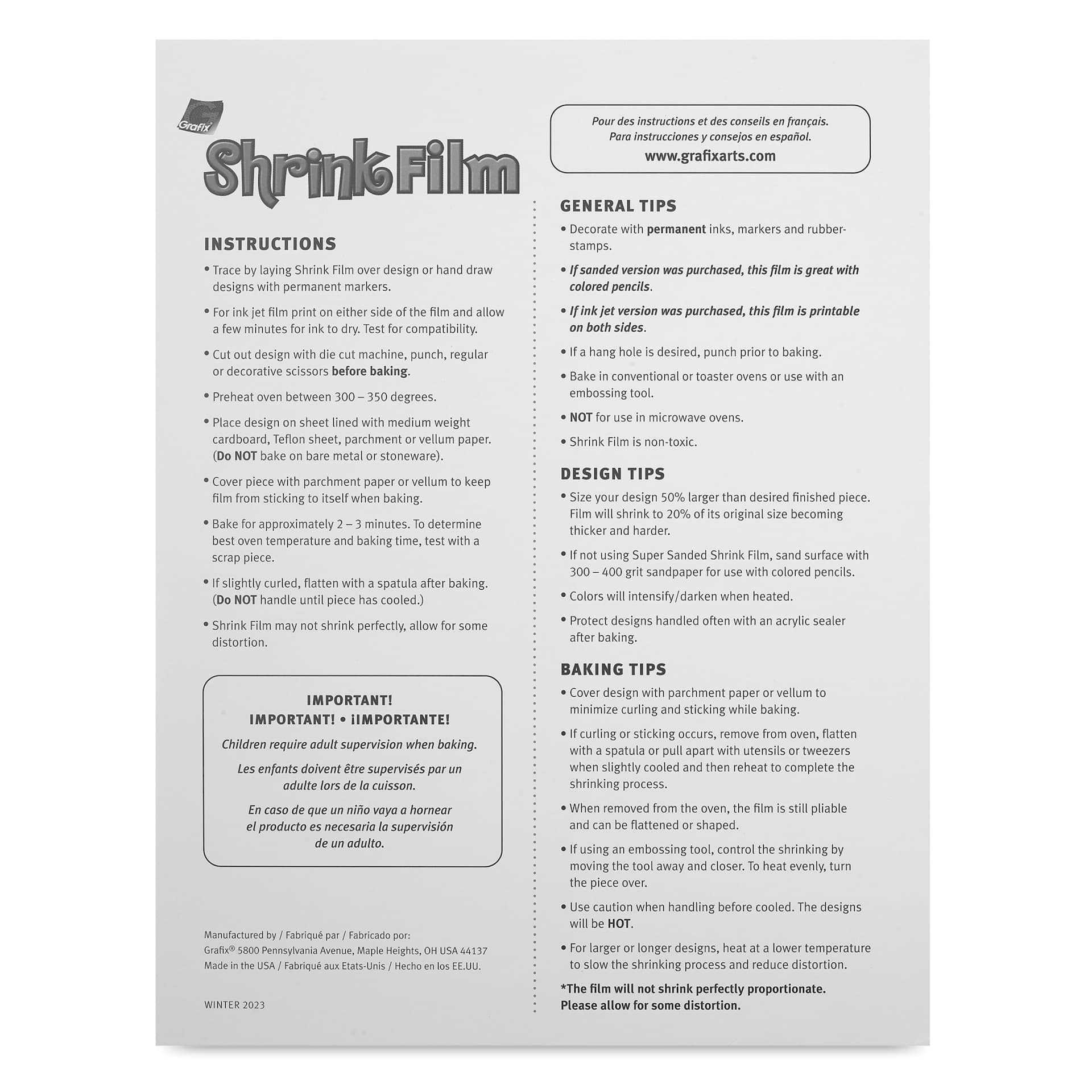 Grafix Shrink Film - 8.5" x 11", Sanded Shrink Film, Clear, 50 Sheets back of packaging
