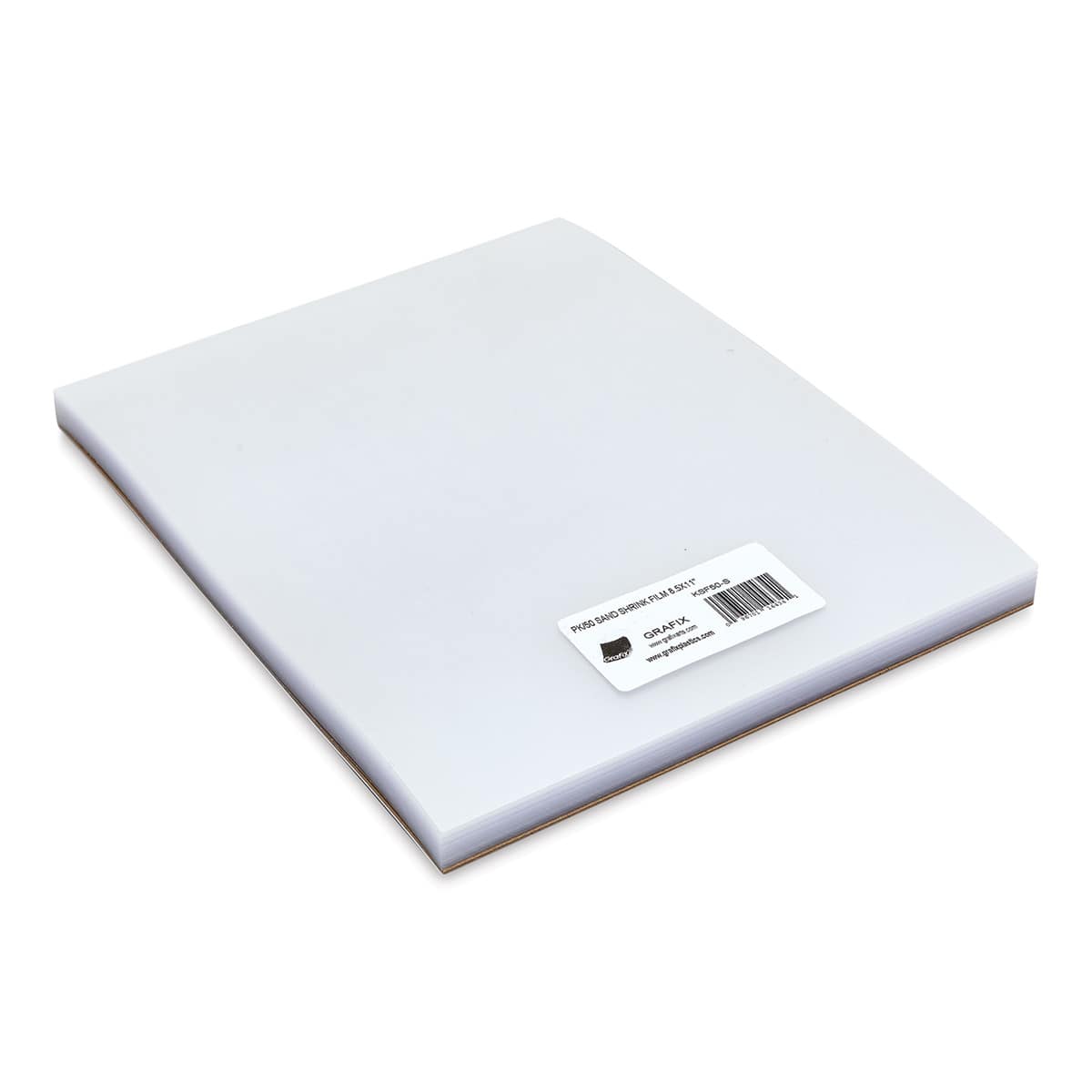 Grafix Shrink Film - 8.5" x 11", Sanded Shrink Film, Clear, 50 Sheets front of packaging, angled view