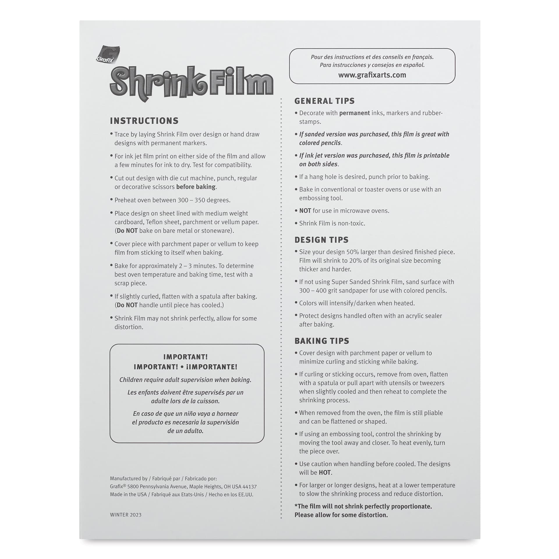 Grafix Shrink Film - 8.5" x 11", Inkjet Shrink Film, Clear, 50 Sheets back of packaging