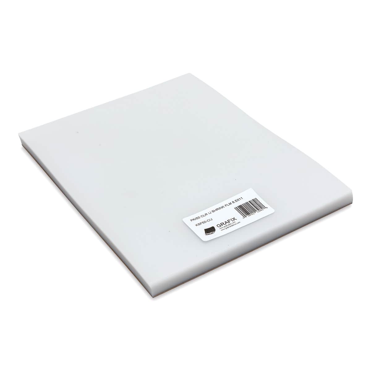 Grafix Shrink Film - 8.5" x 11", Inkjet Shrink Film, Clear, 50 Sheets front of packaging, angled view