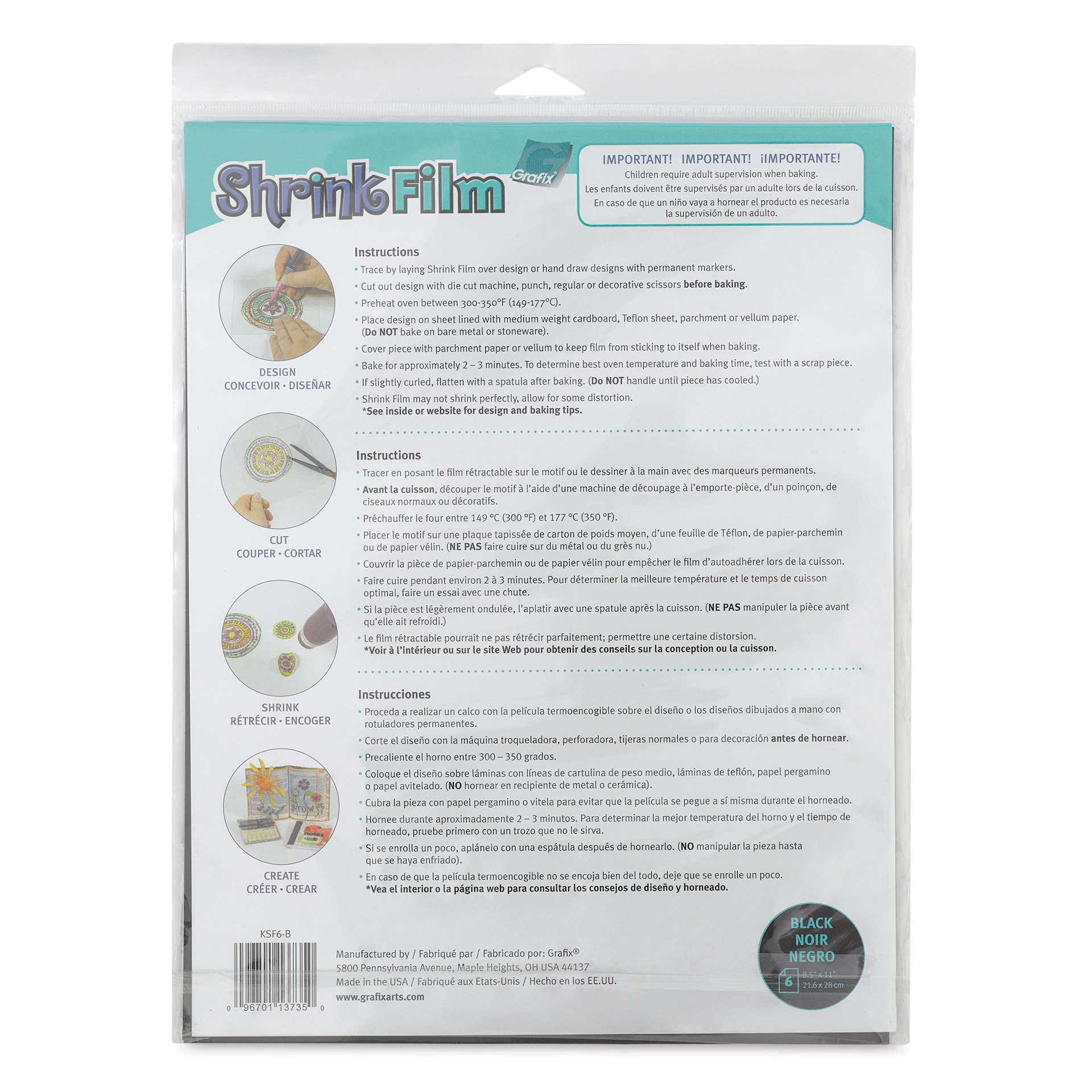 Grafix Shrink Film - 8.5" x 11", Shrink Film, Black, 6 Sheets back of packaging