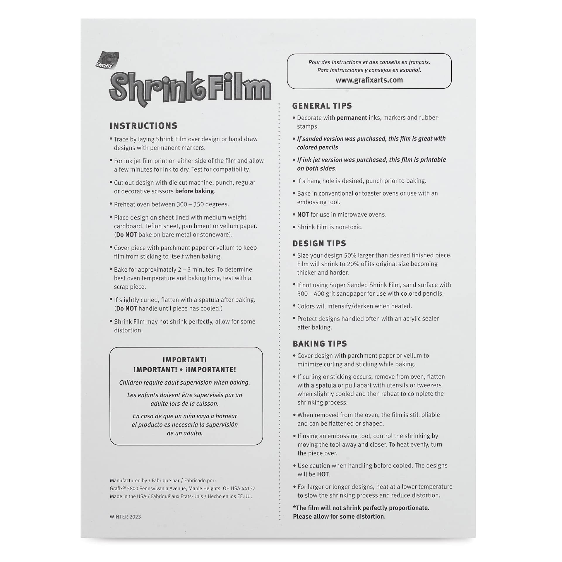 Grafix Shrink Film - 8.5" x 11", Shrink Film, Black, 50 Sheets back of packaging