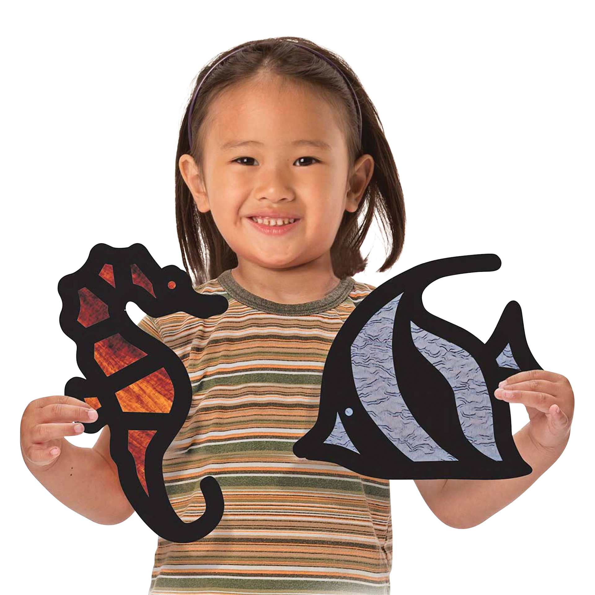Roylco Stained Glass Frames Pack, child holding two tropical fish