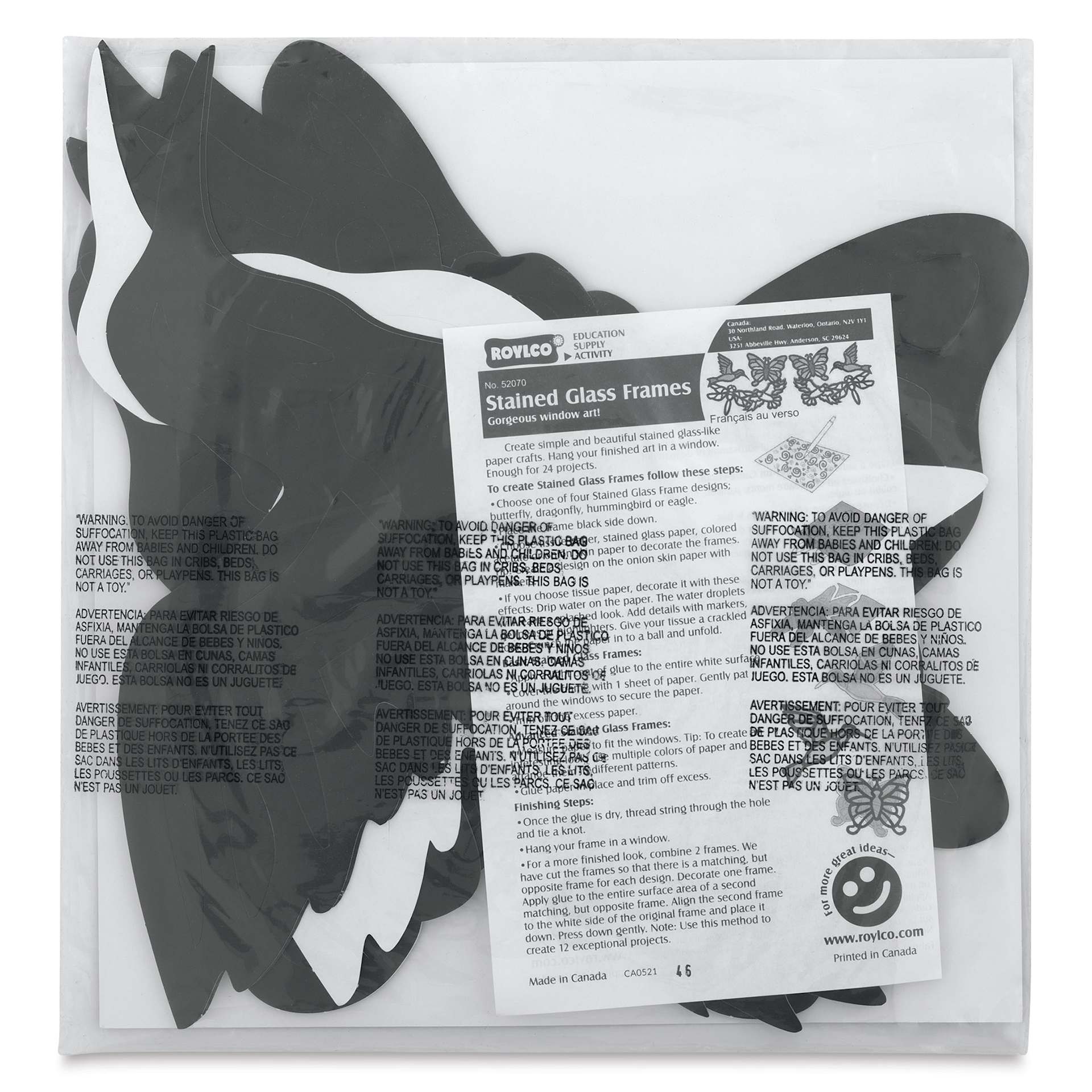 Roylco Stained Glass Frames Pack - Birds and Insects, Pkg of 24, back of the packaging