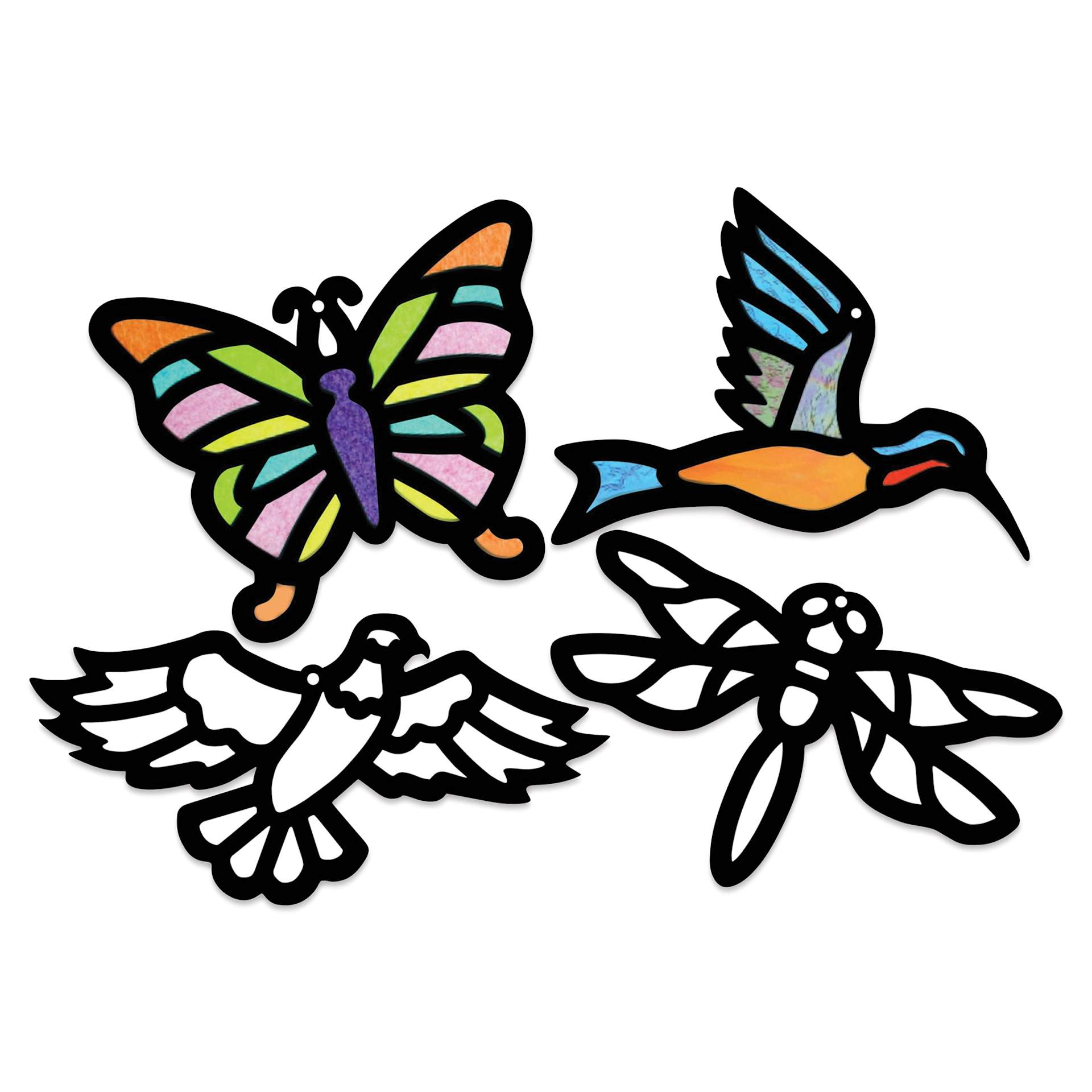 Roylco Stained Glass Frame Pack - Birds and Insects, four frames laid out
