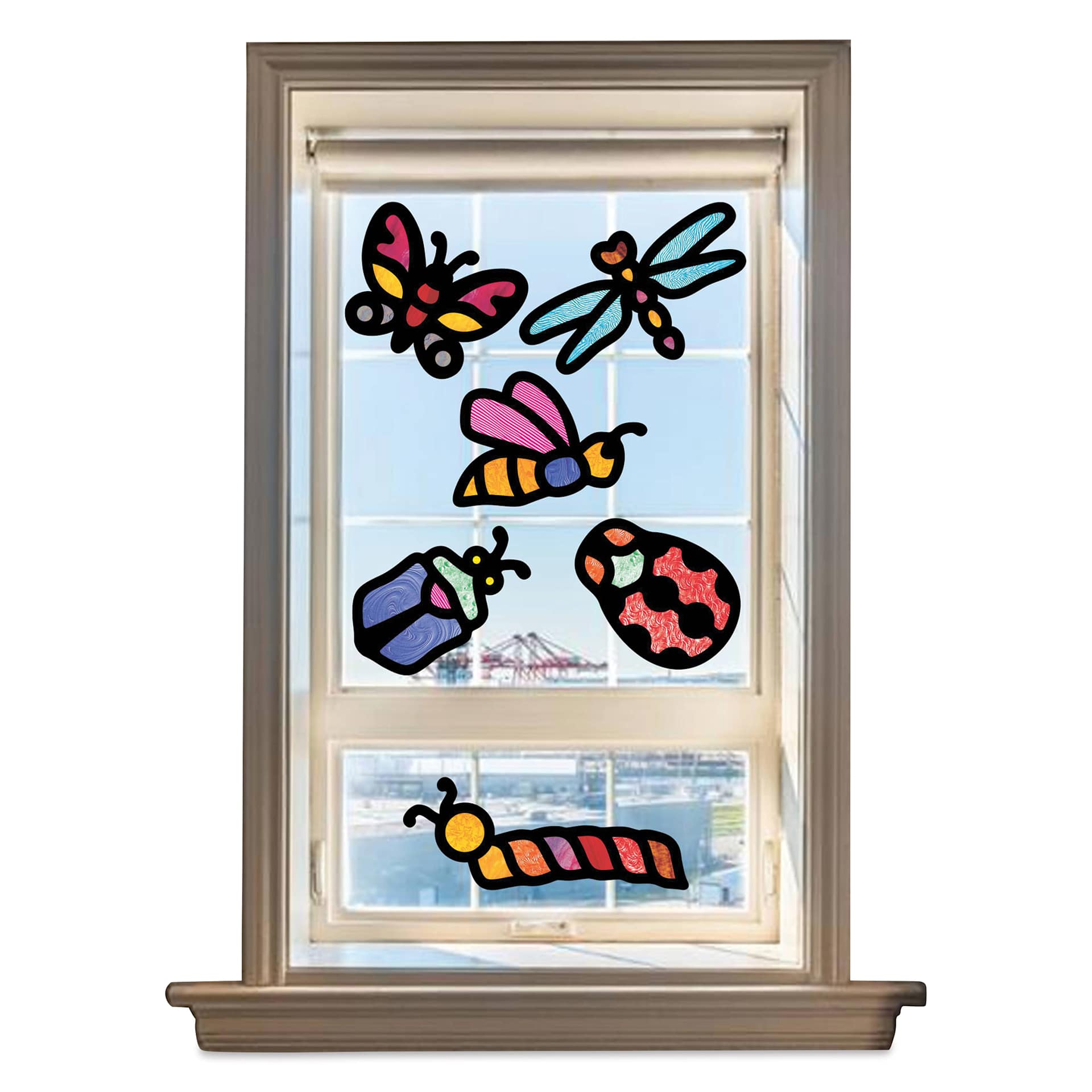Roylco Stained Glass Frames Pack - Bugs, Pkg of 24 finished examples on window