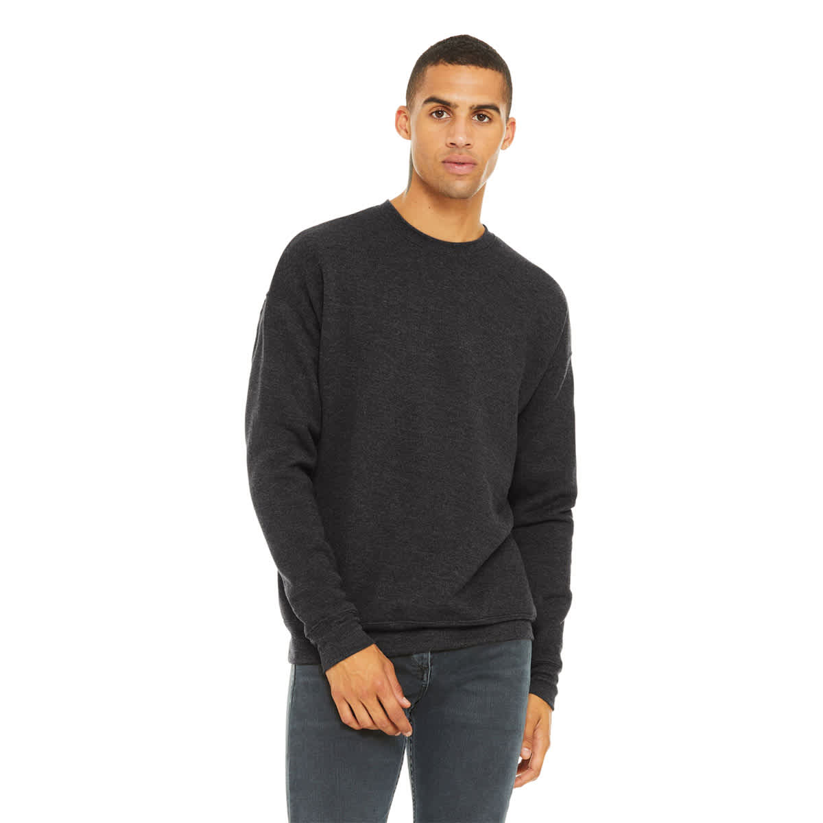 Bella + Canvas Unisex Sponge Fleece Drop Shoulder Sweatshirt - Dark Grey Heather, X-Small - on person, front