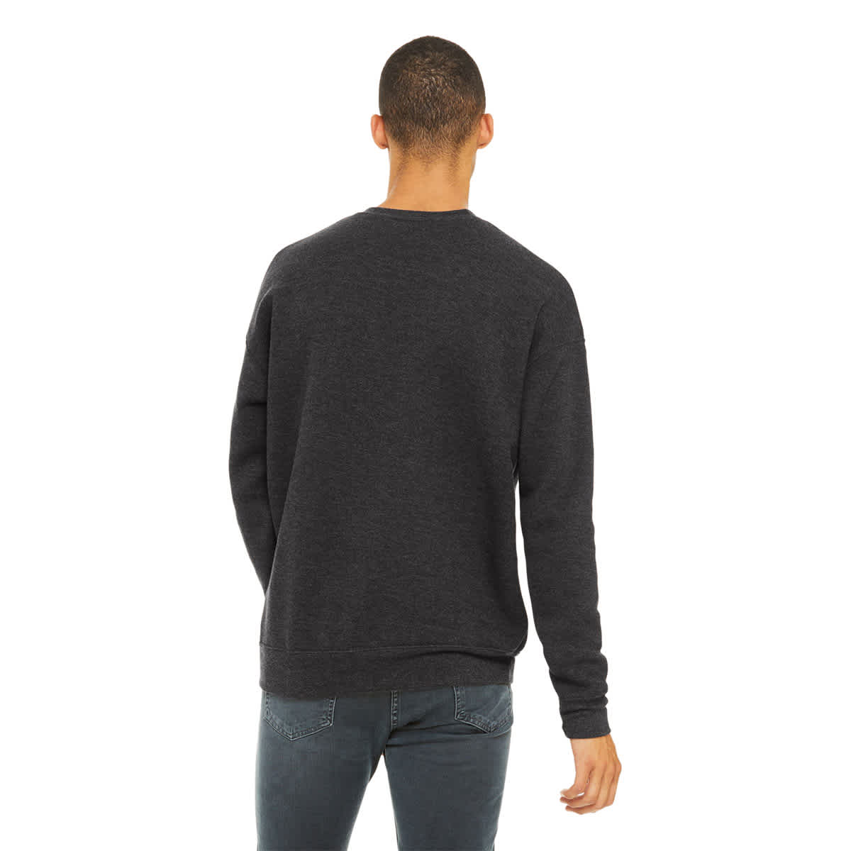 Bella + Canvas Unisex Sponge Fleece Drop Shoulder Sweatshirt - Dark Grey Heather, X-Small - on person, back