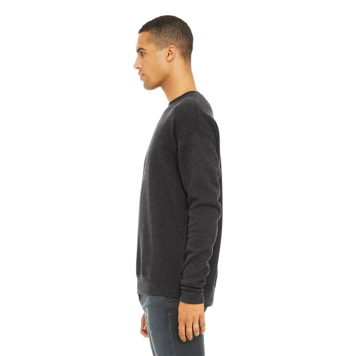 Bella + Canvas Unisex Sponge Fleece Drop Shoulder Sweatshirt - Dark Grey Heather, X-Small - on person, side