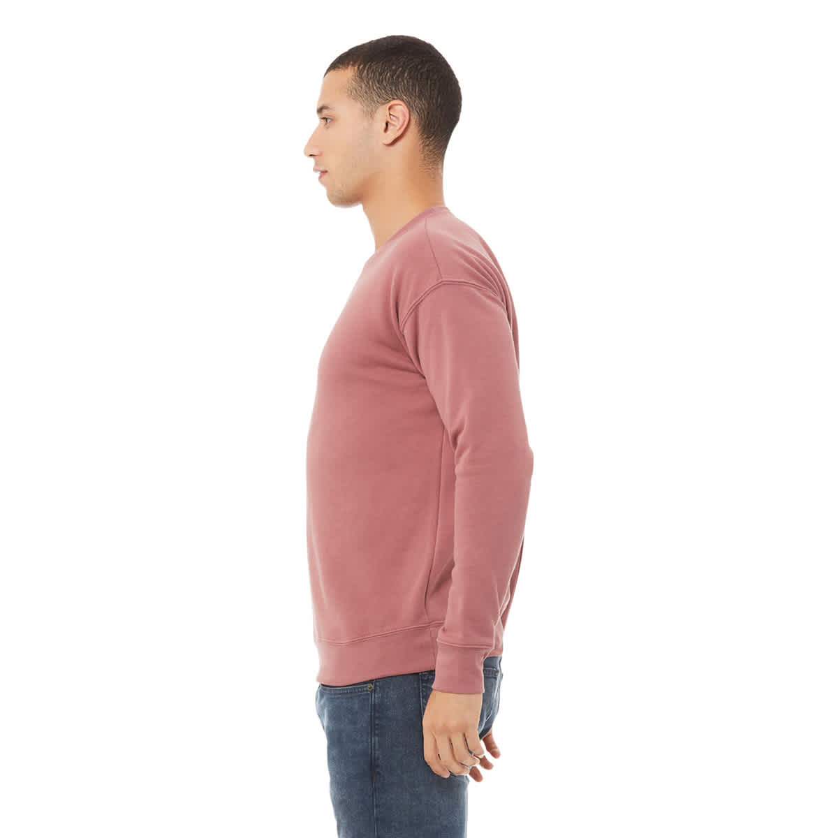 Bella + Canvas Unisex Sponge Fleece Drop Shoulder Sweatshirt - Mauve, X-Small - on person, side
