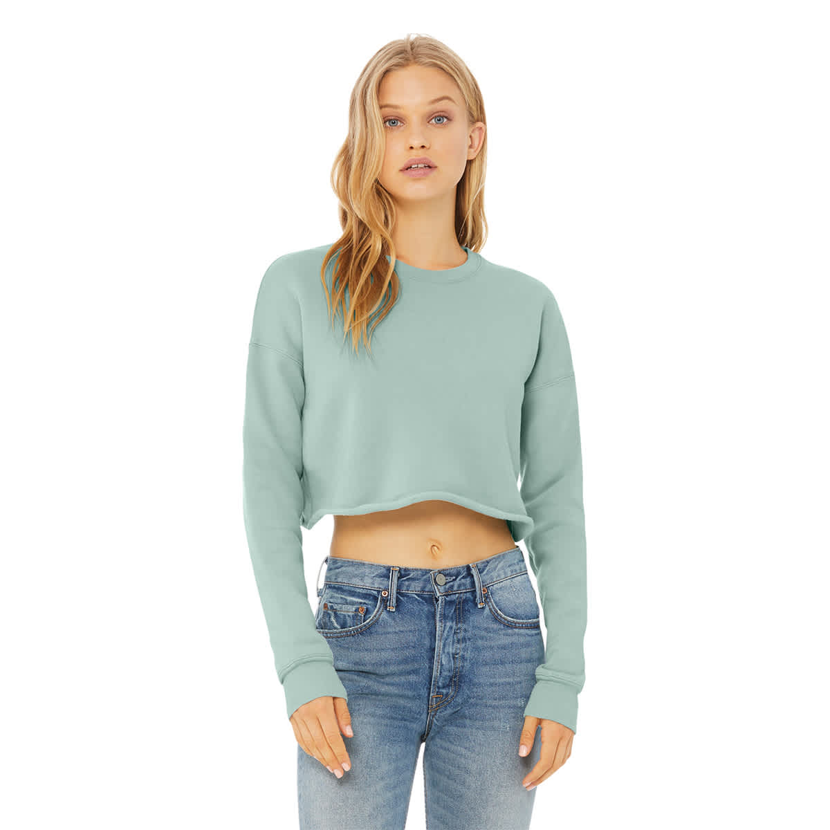 Bella Canvas Cropped Crew Fleece - Model wearing Dusty Blue Fleece