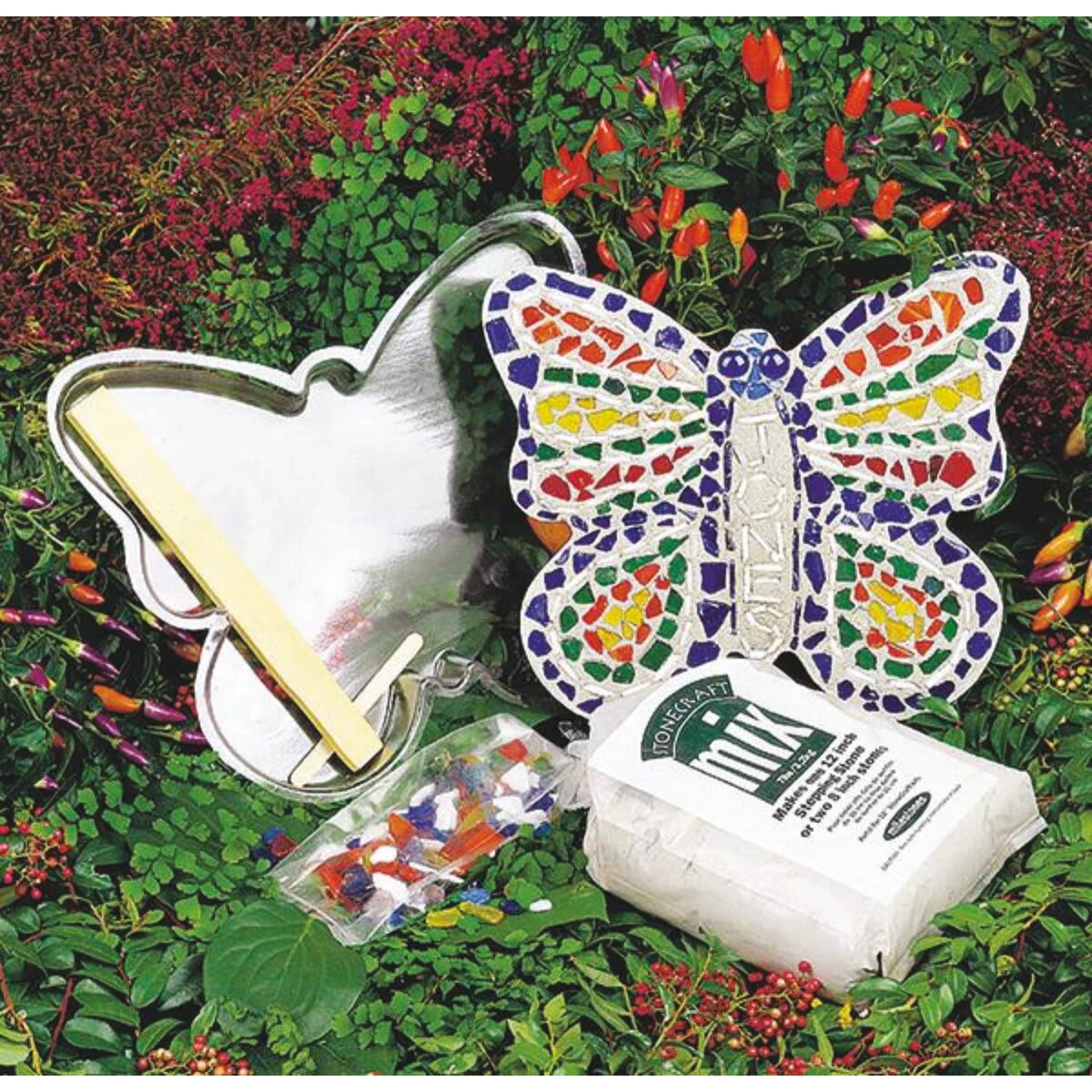 Milestones Mosaic Stepping Stone Kit - Butterfly (Kit contents shown with sample completed butterfly stepping stone)