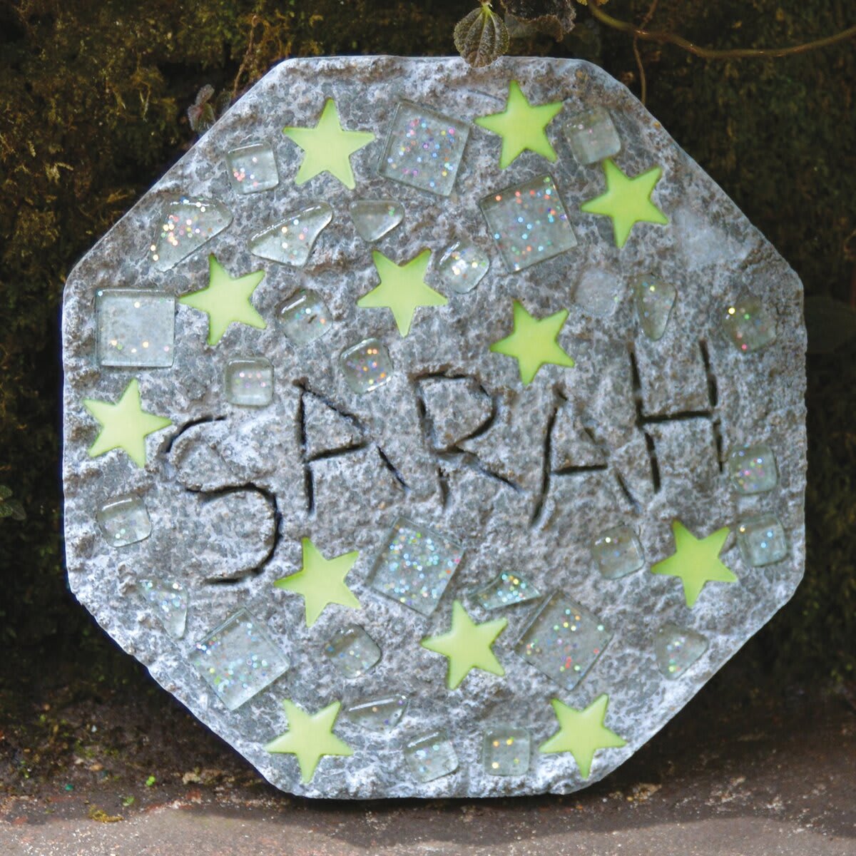 Milestones Mosaic Stepping Stone Kit - Glow (Sample completed stepping stone with glow-in-the-dark glass shapes)