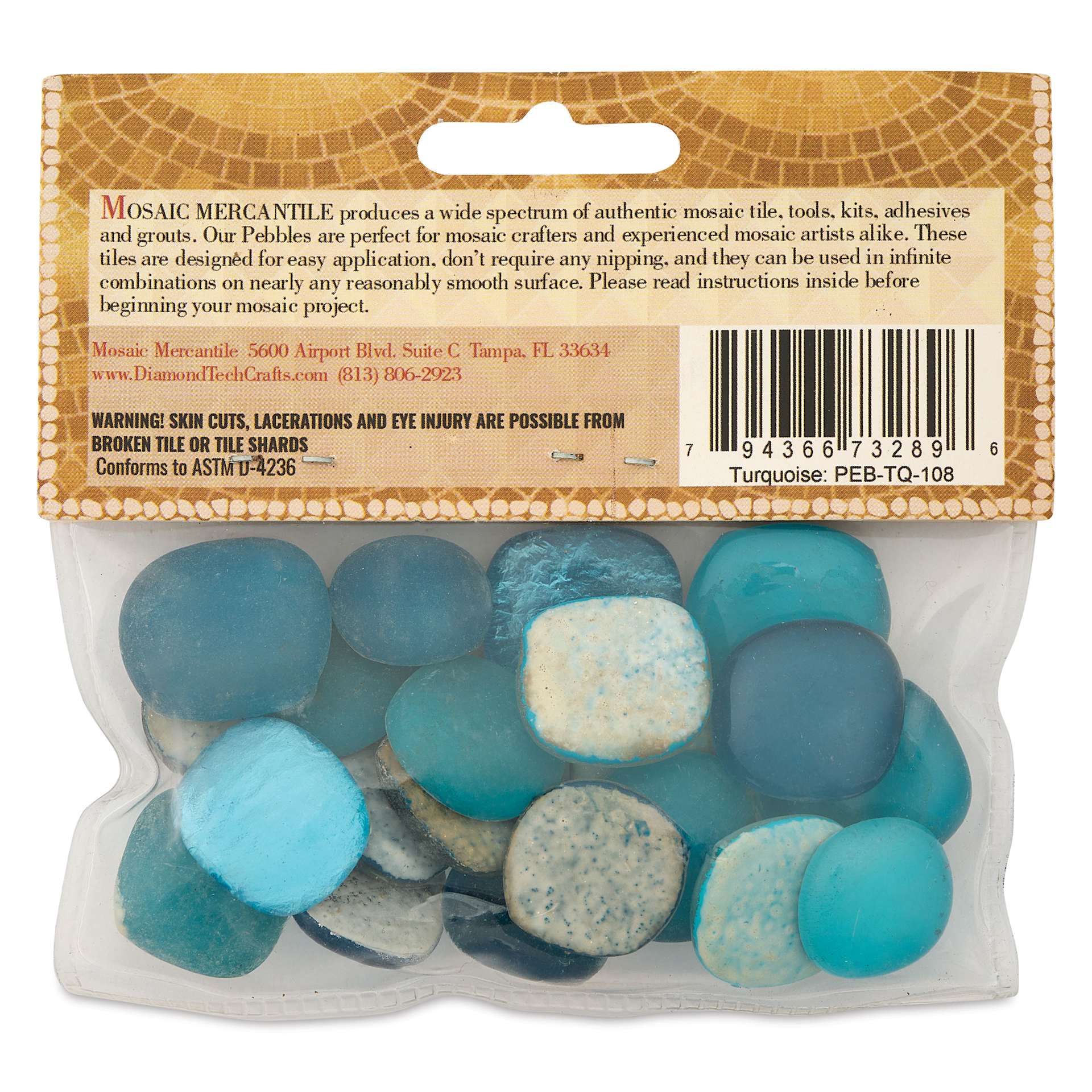 Mosaic Mercantile Glass Pebble Tiles - Turquoise, 4 oz, back of packaging