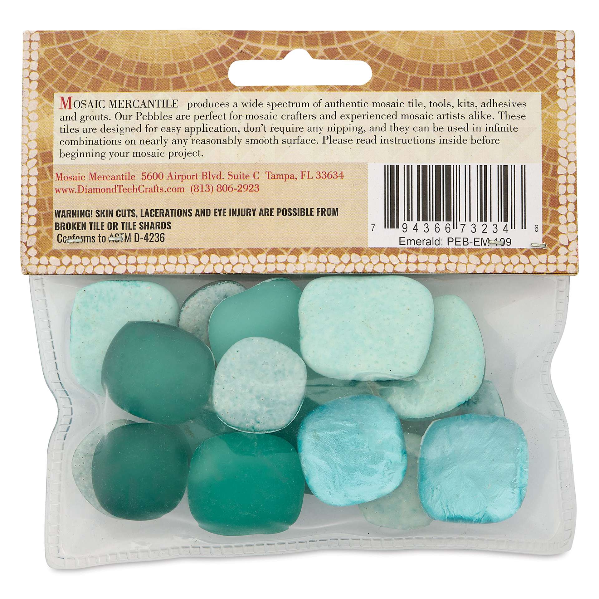 Mosaic Mercantile Glass Pebble Tiles - Emerald, 4 oz, back of packaging