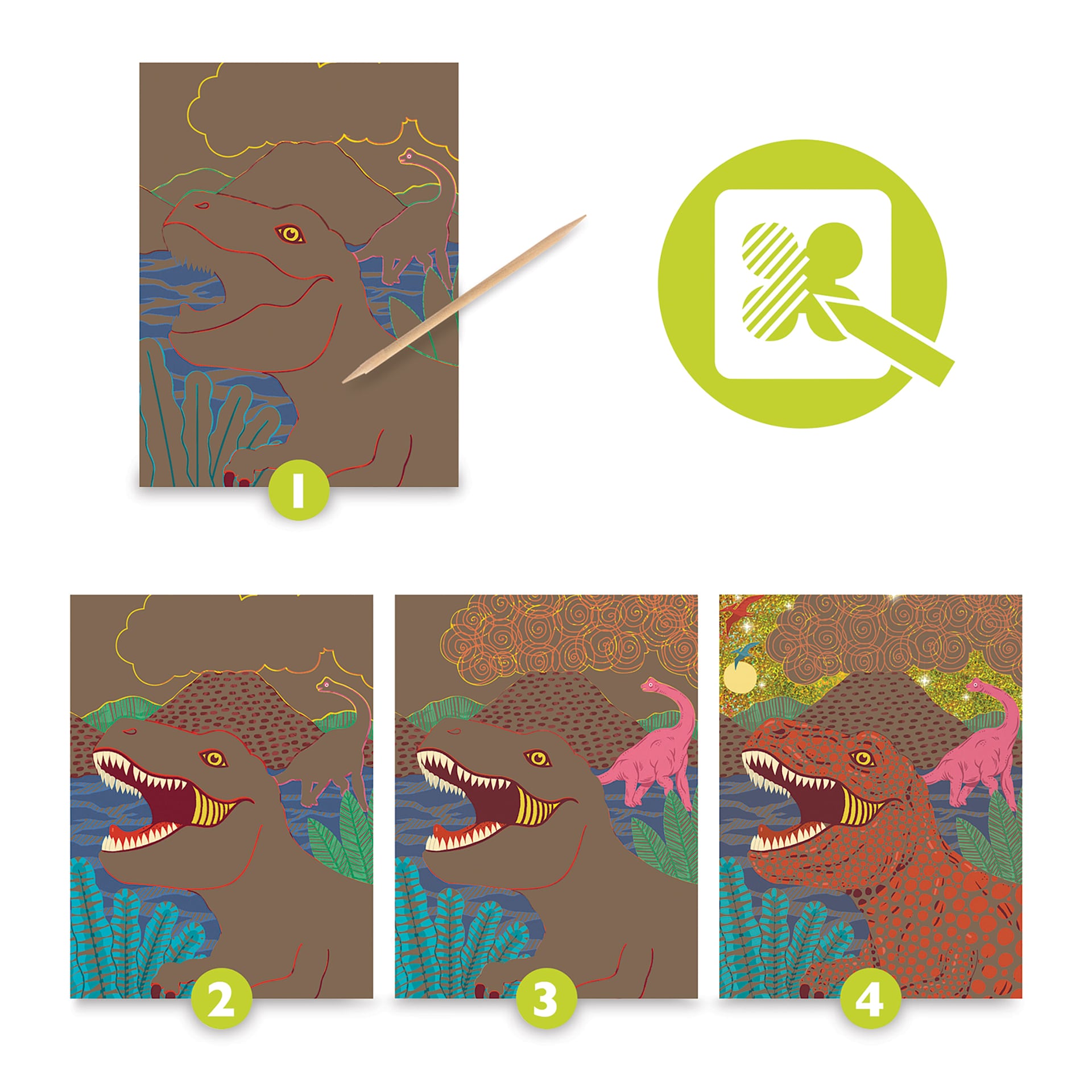 Djeco Petit Gift Scratch Board Kit - Dinosaurs (Scratch board steps)
