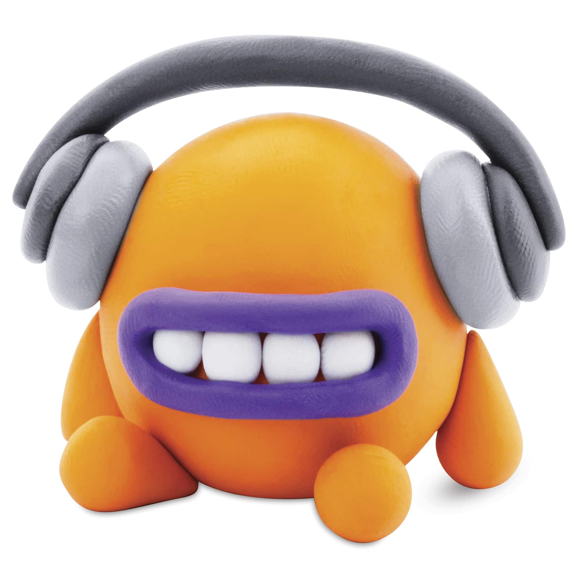 Fat Brain Toys Hey Clay Kit - Aliens - finished example close-up, orange alien wearing headphones