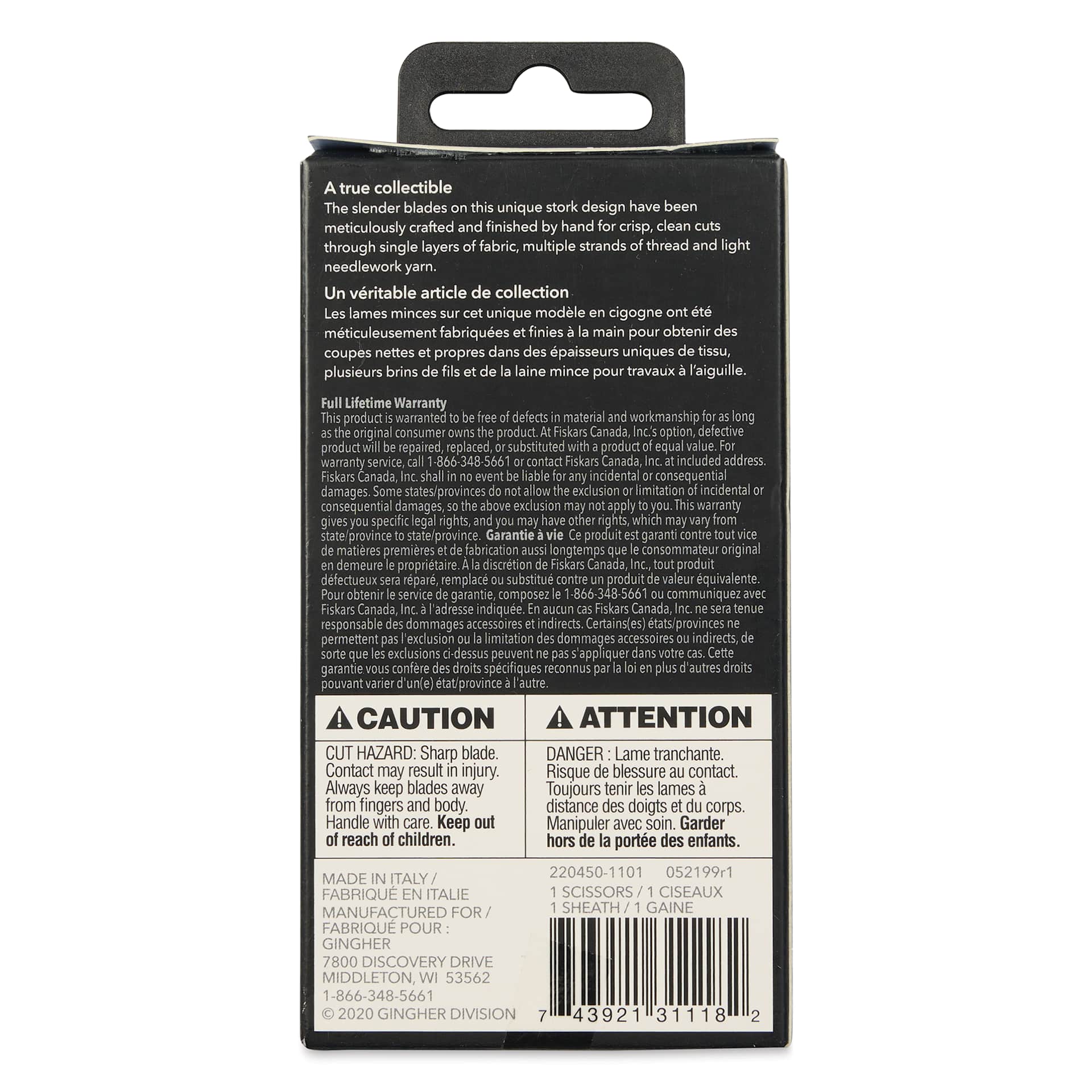 Gingher Stork Embroidery Scissors - Chrome, 3-1/2" - back of packaging