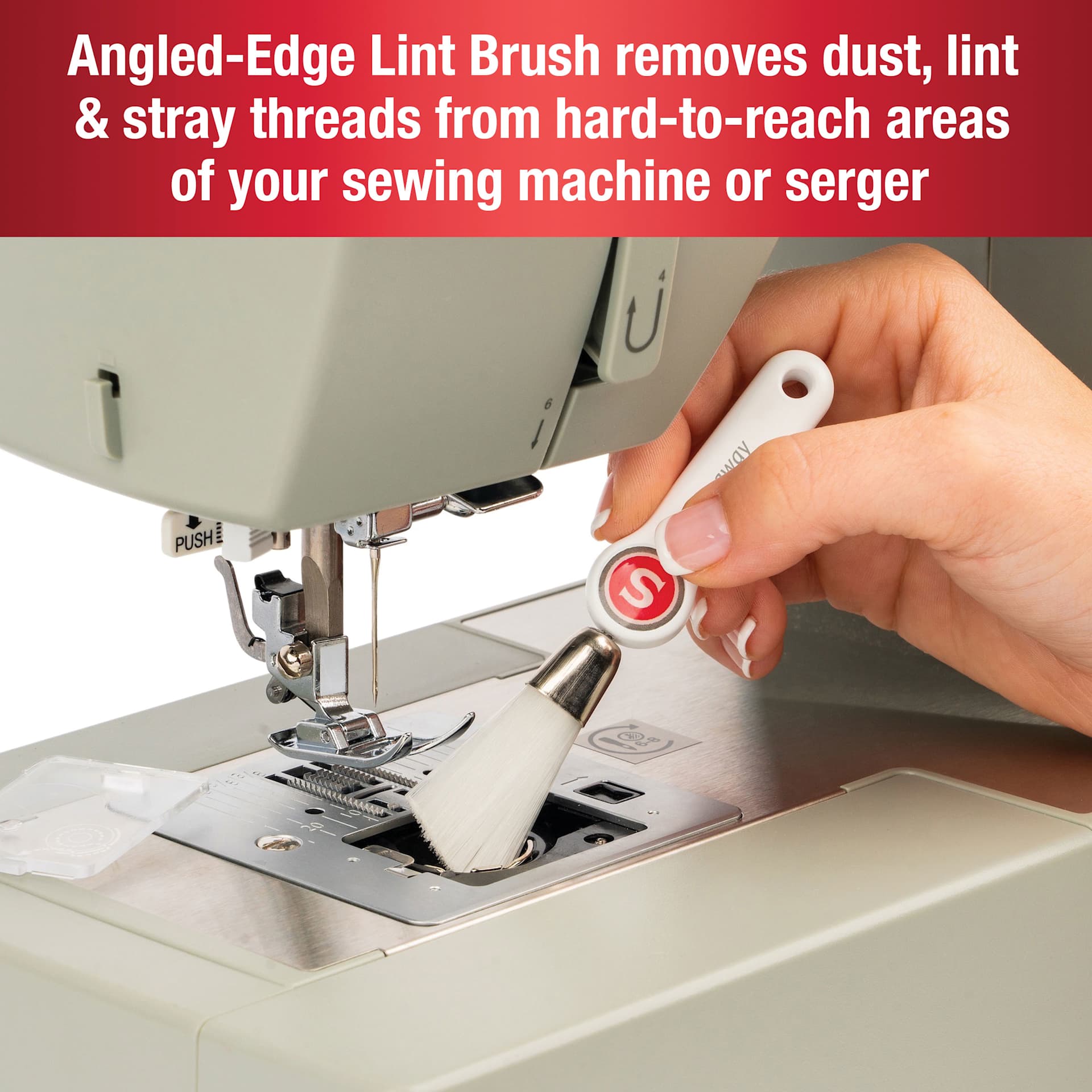 Singer Sewing Machine Maintenance Tools - Set of 7 - Angled-Edge Lint Brush usage