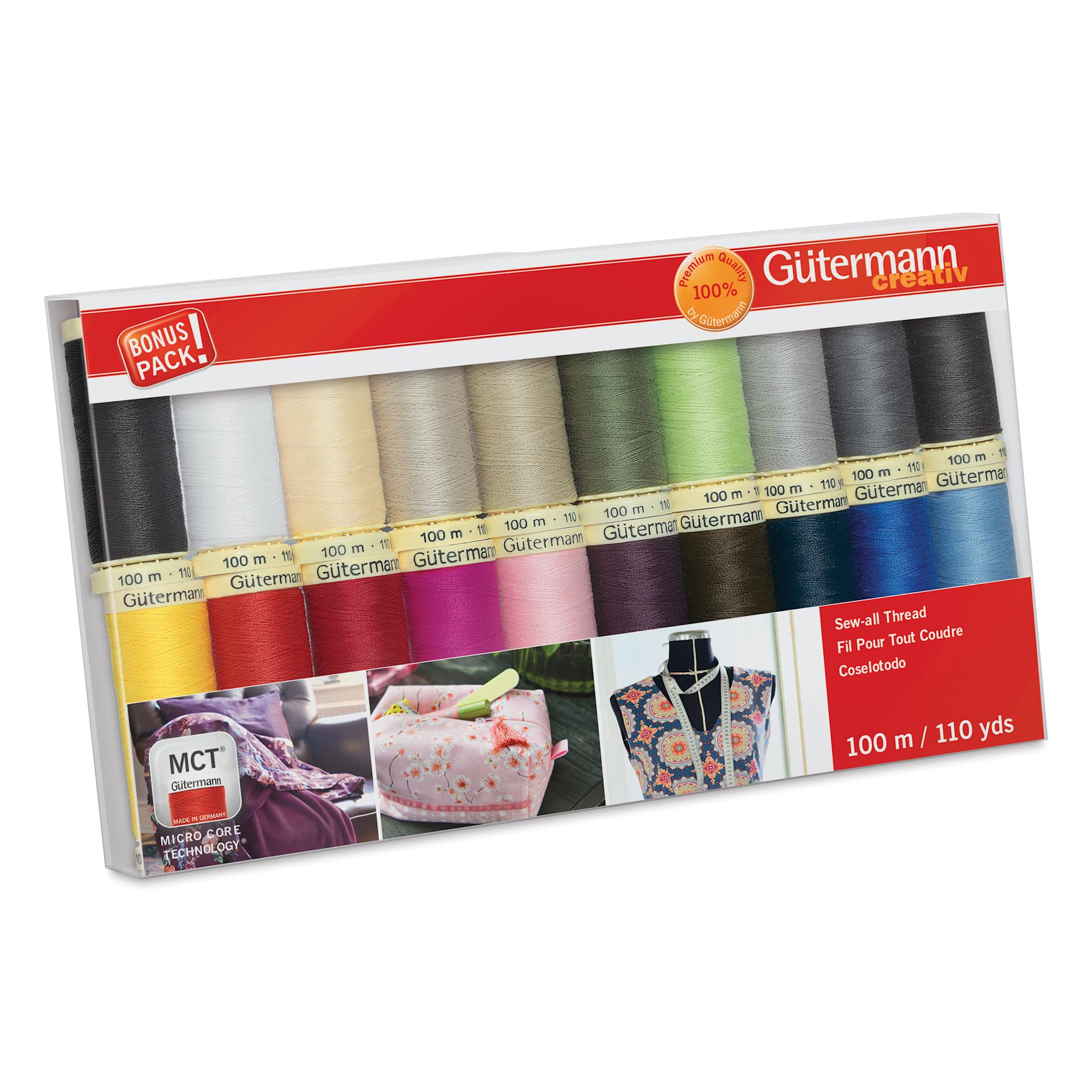 Gutermann Sew-All Polyester Thread - Set of 20, Basic Shades, 110 yd Spools front of packaging