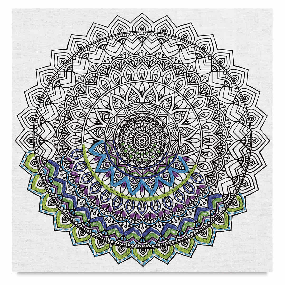 Zenbroidery Stamped Embroidery Kits - Mandala design fabric partially embroidered