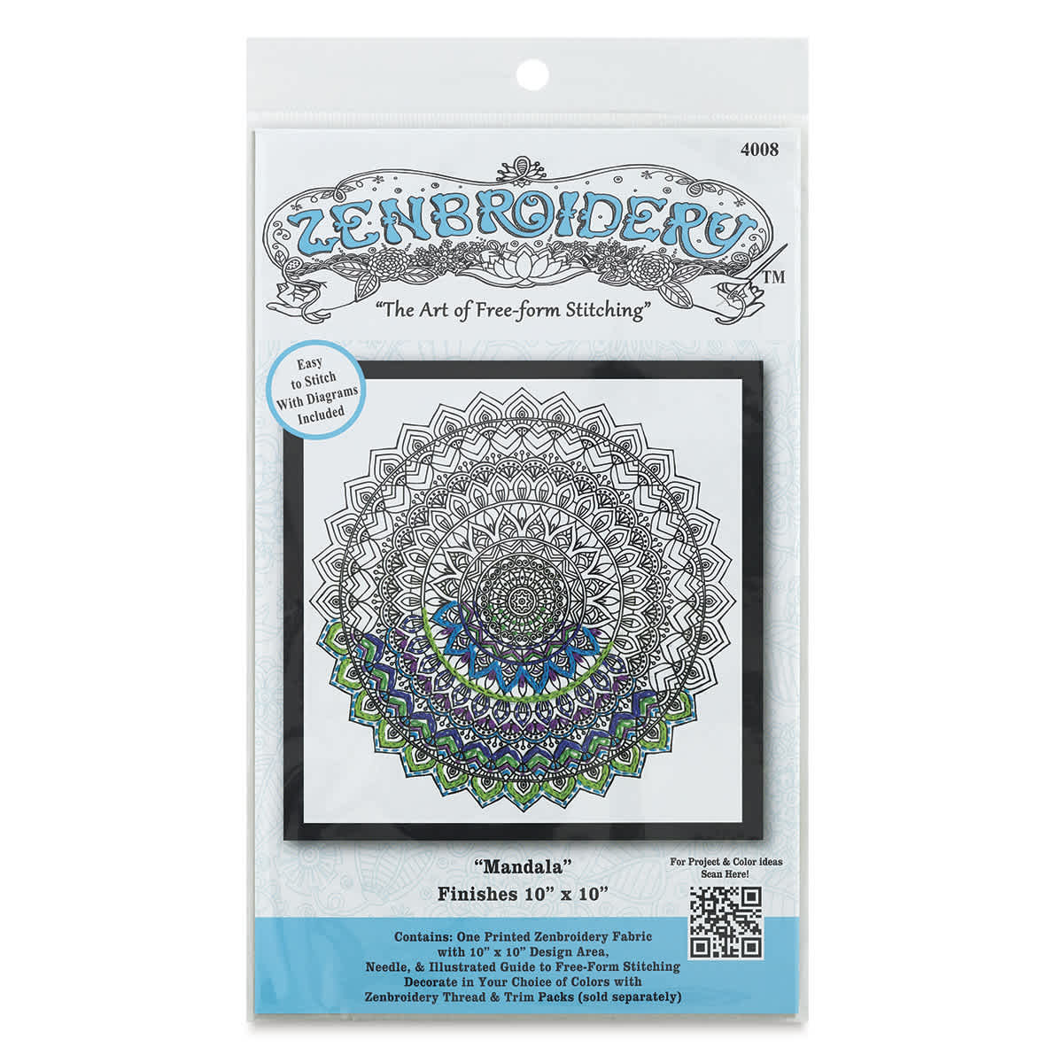 Zenbroidery Stamped Embroidery Kits - Front of package of Mandala Design