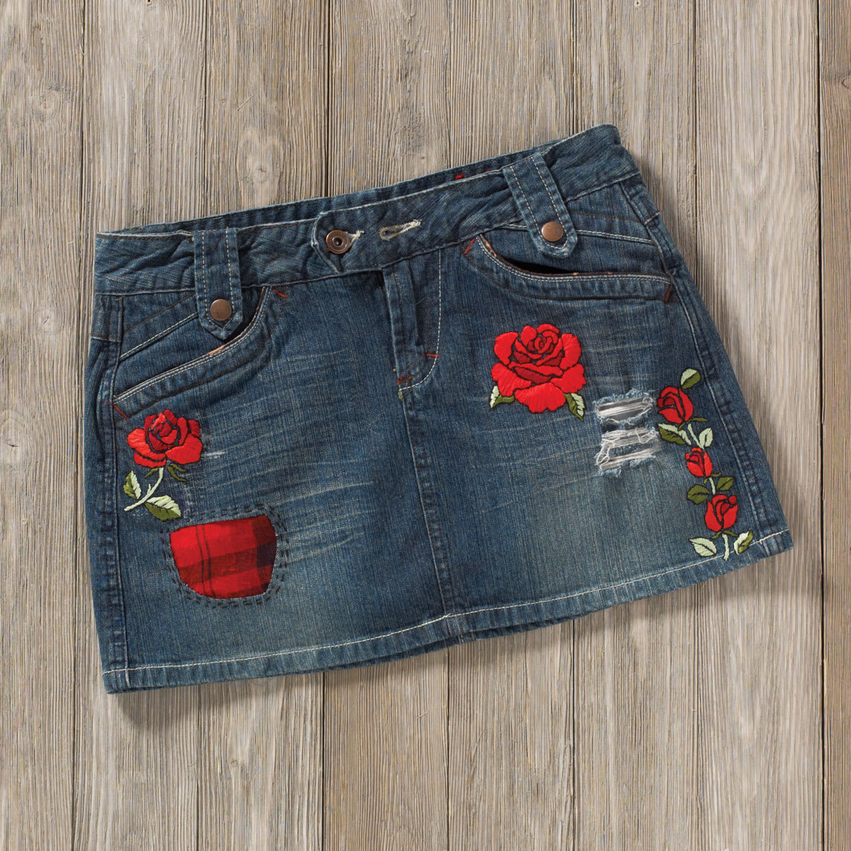 Embroidery Template Kits - Denim skirt embroidered with Floral designs