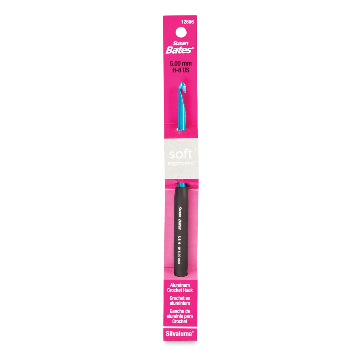 Susan Bates Ergonomic Crochet Hook - 5 mm, shown in package