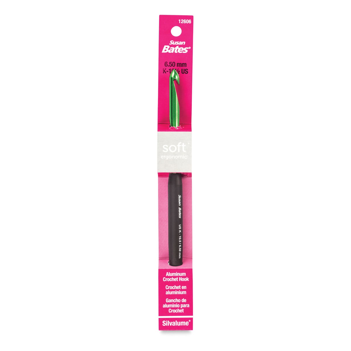 Susan Bates Ergonomic Crochet Hook - 6.5 mm, shown in package