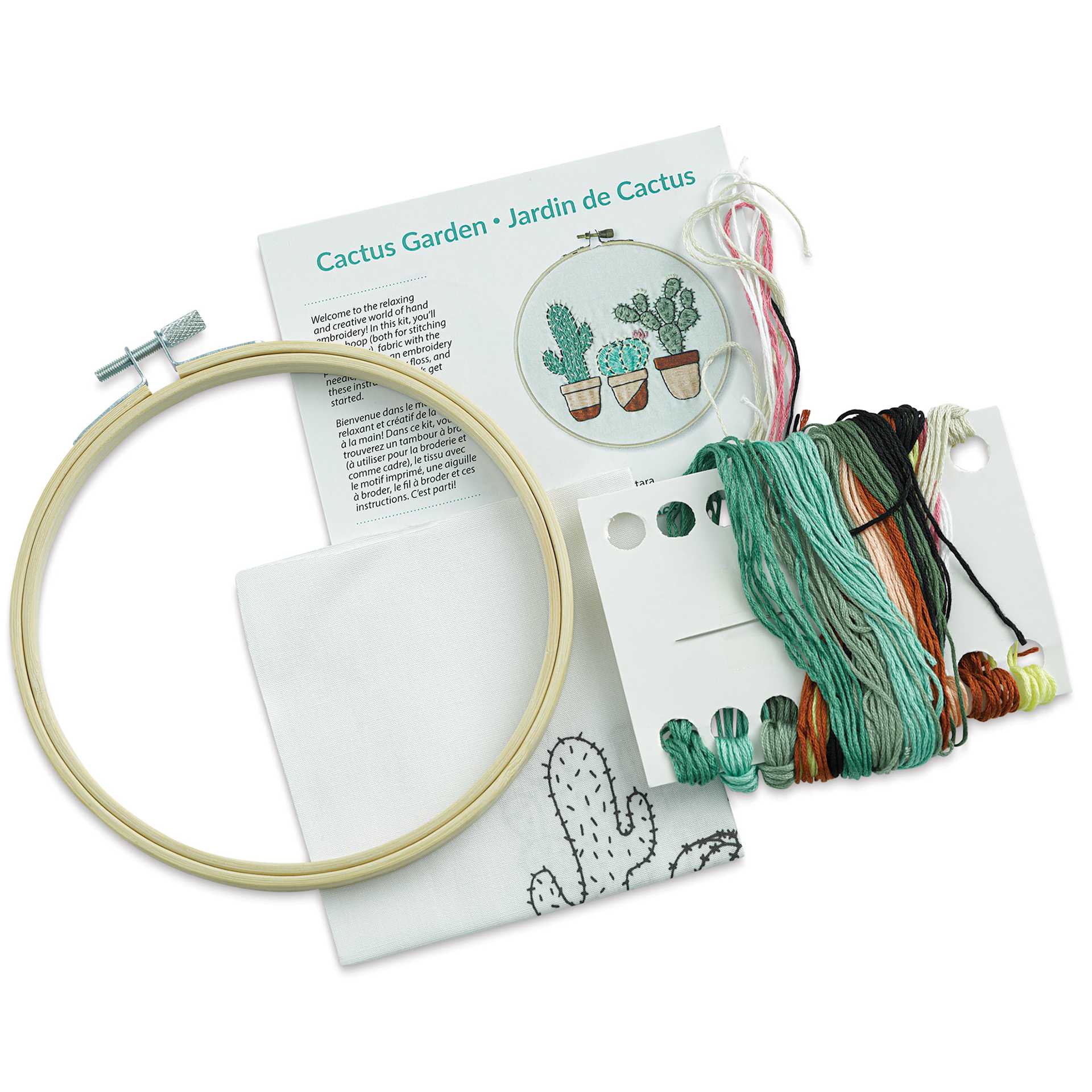 Leisure Arts Embroidery Kit - Cactus Garden, 6", laid out of the packaging