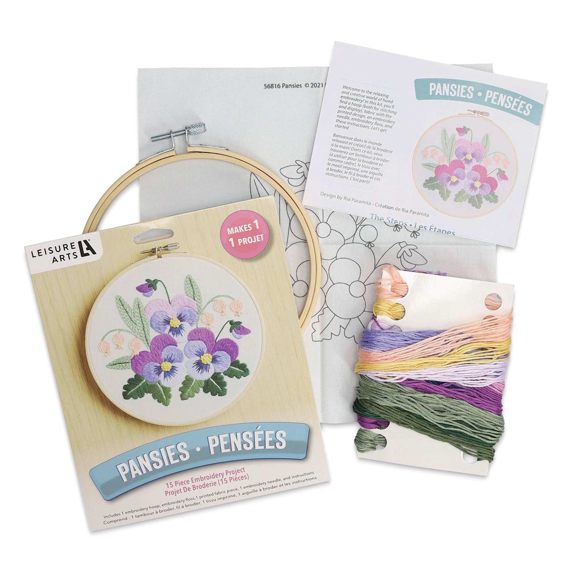 Leisure Arts Embroidery Kit - Pansies, 6", contents laid out