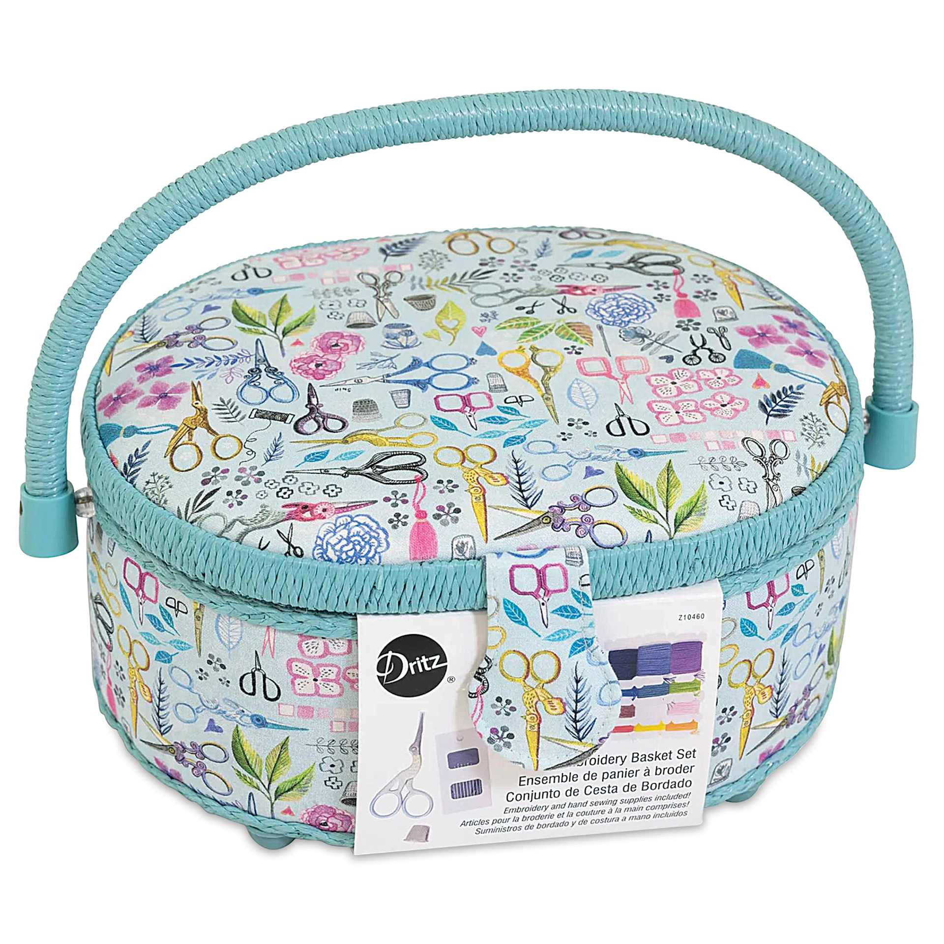 Dritz Embroidery Basket Set, top closed with carrying handle raised