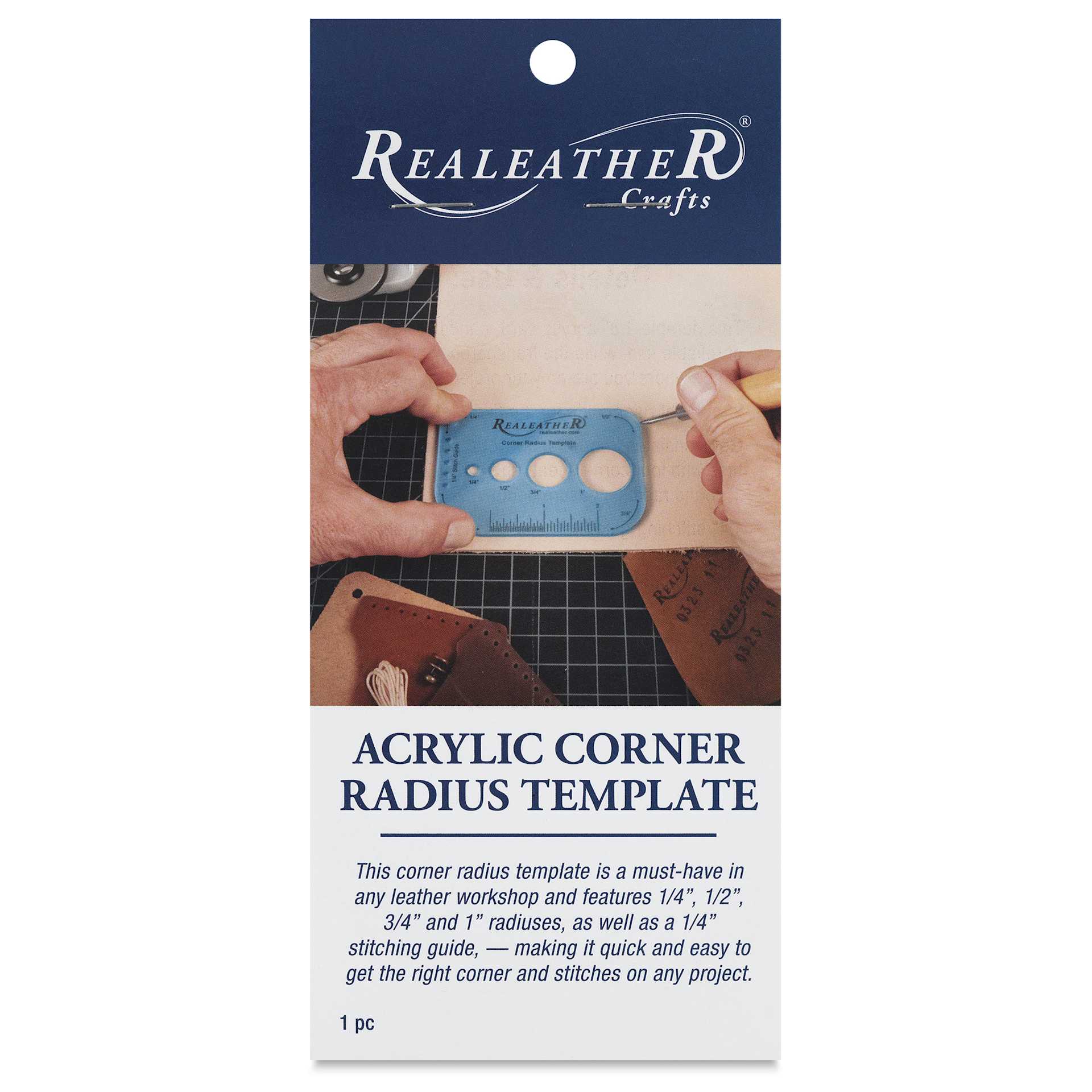 Realeather Corner Radius Template Tool & Stitch Guide - front of packaging