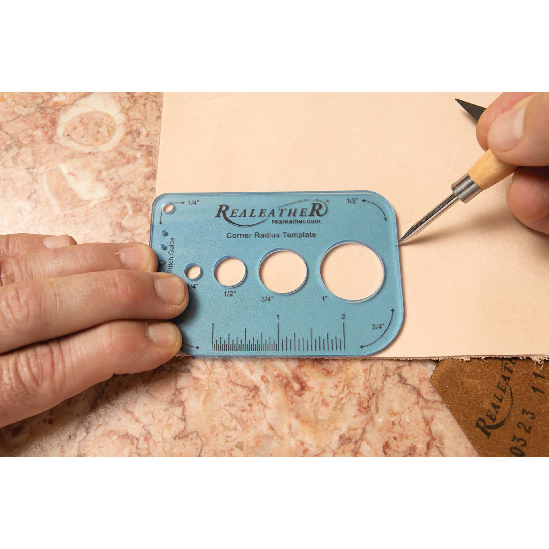 Realeather Corner Radius Template Tool & Stitch Guide - close-up of tool in use
