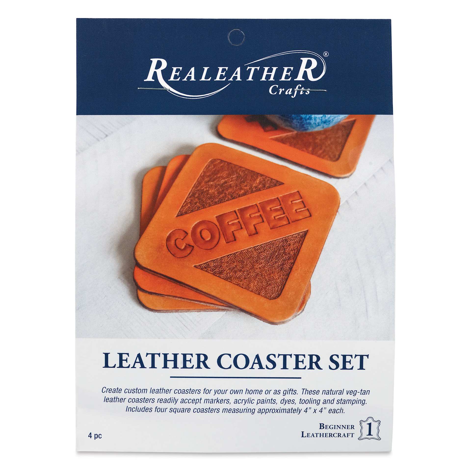 Realeather Leather Coasters - Square, Set of 4, front of the packaging