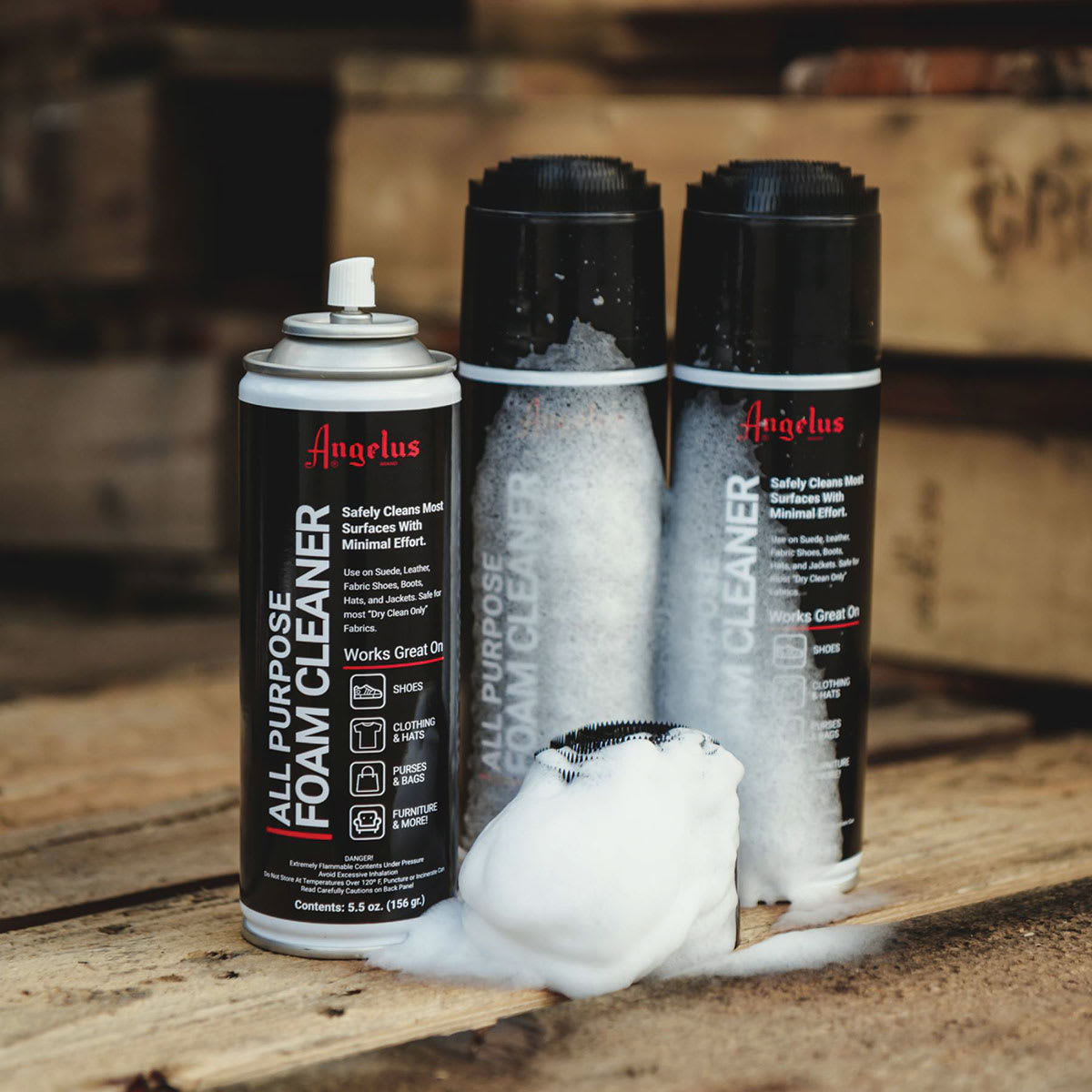 Angelus All Purpose Foam Cleaner - 5.5 oz, Spray Can (Spray cans, Consistency of foam cleaner shown) Angelus All Purpose Foam Cleaner - 5.5 oz, Spray Can (Spray cans, Consistency of foam cleaner shown)
