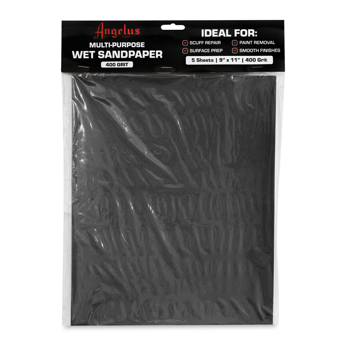 Angelus Multi-Purpose Wet Sandpaper - Package of 5 Sheets, 9" x 11", 400 Grit (Front of packaging)